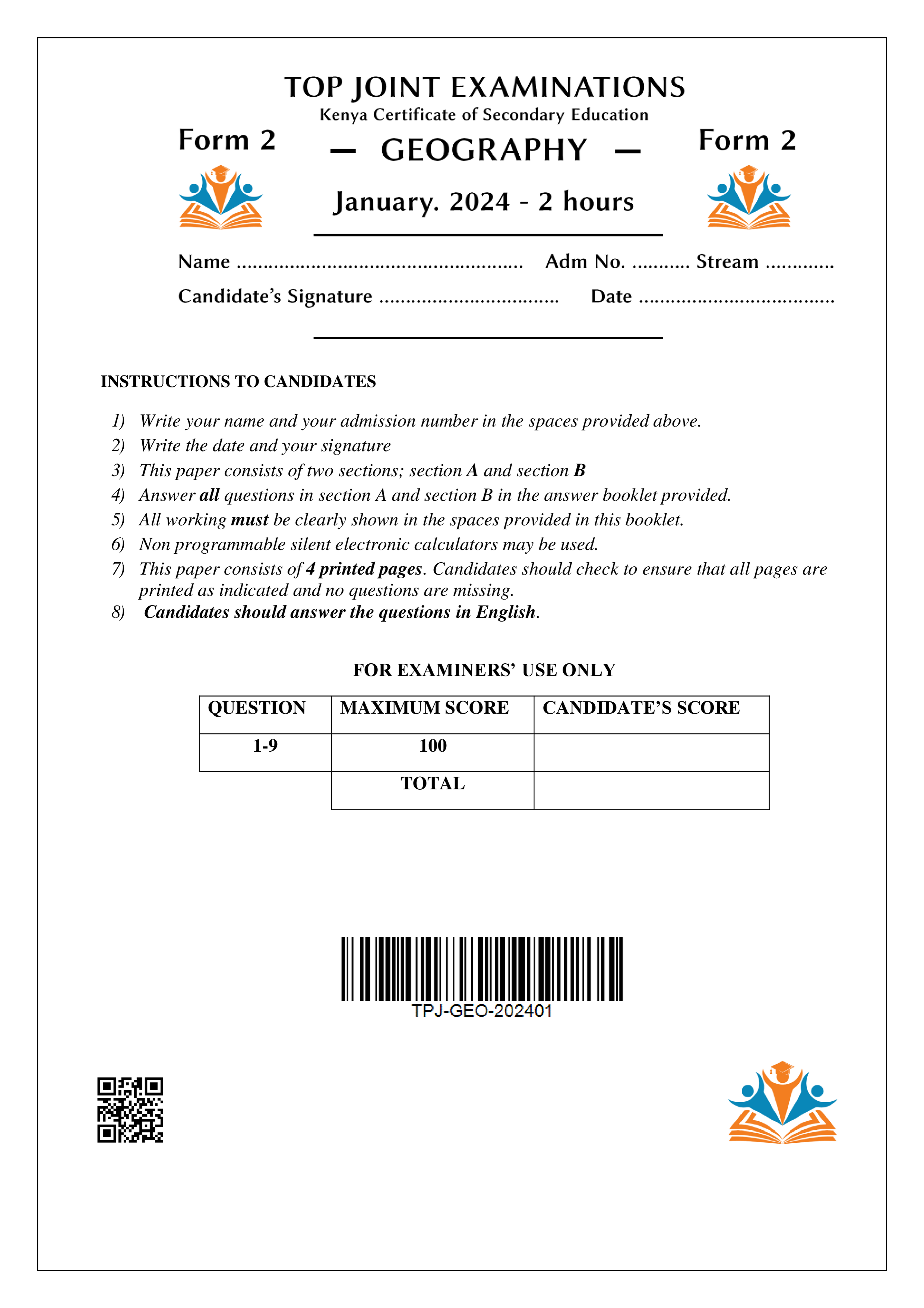GEOGRAPHY FORM 2 OPENER TERM 1 2024
