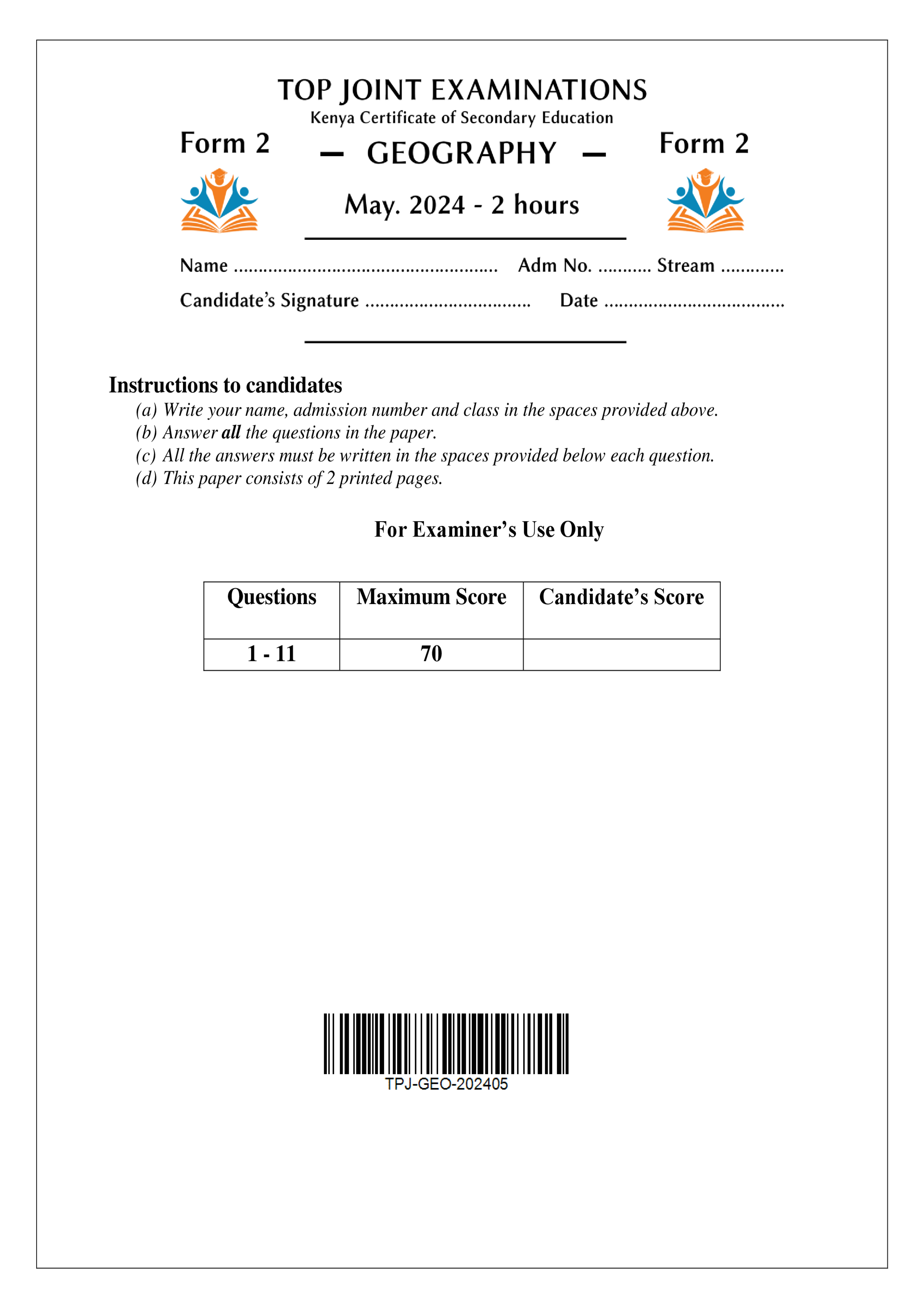 GEOGRAPHY FORM 2 OPENER TERM 2 2024