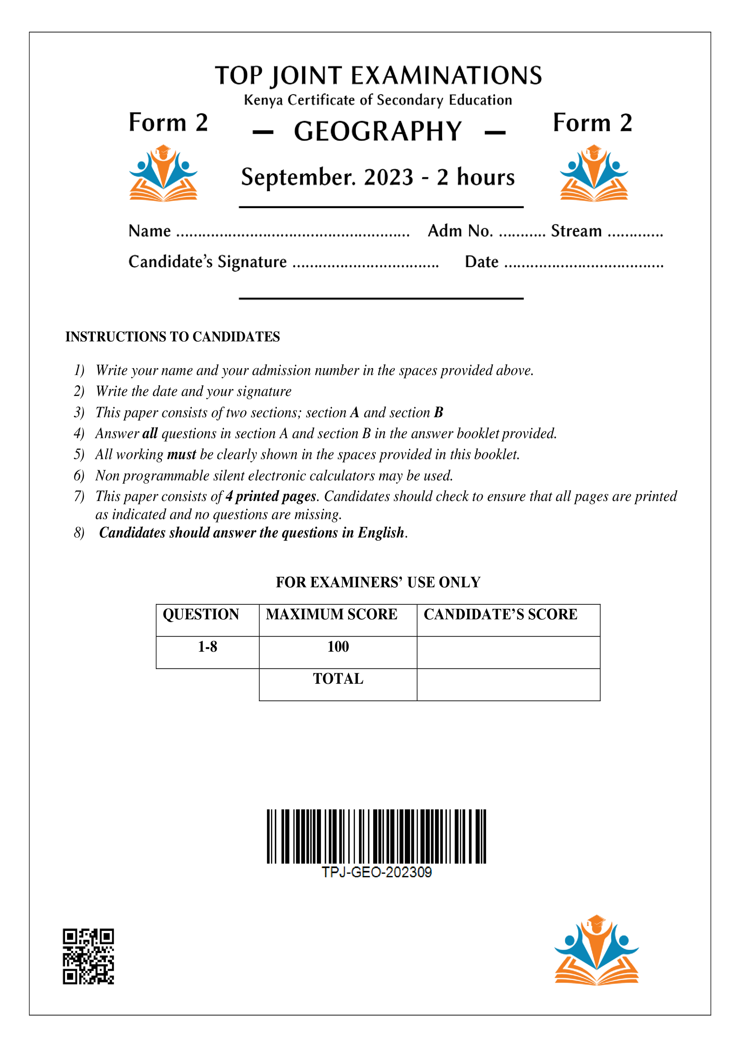 GEOGRAPHY FORM 2 OPENER TERM 3 2023