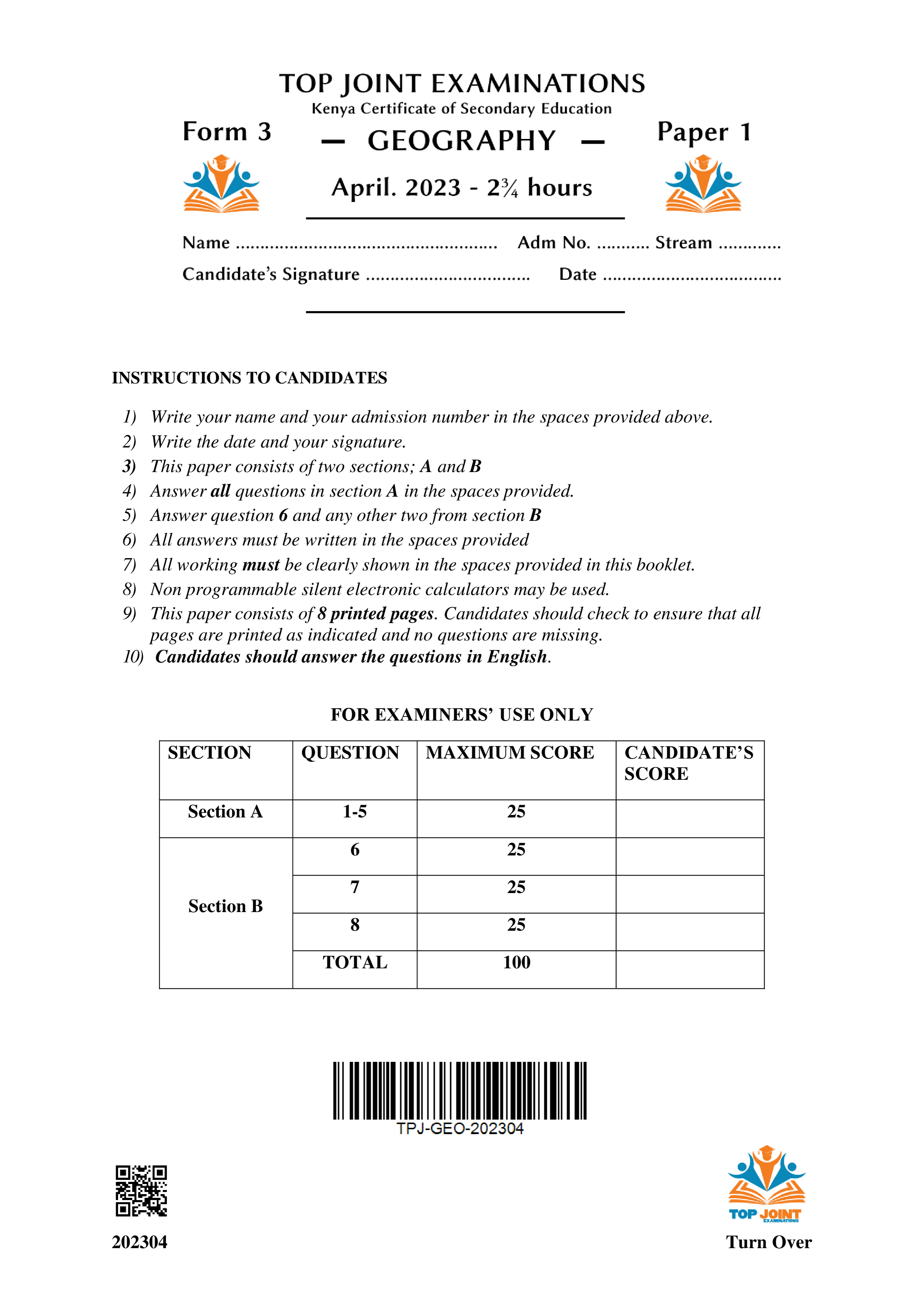 GEOGRAPHY FORM 3 END TERM 1 2023