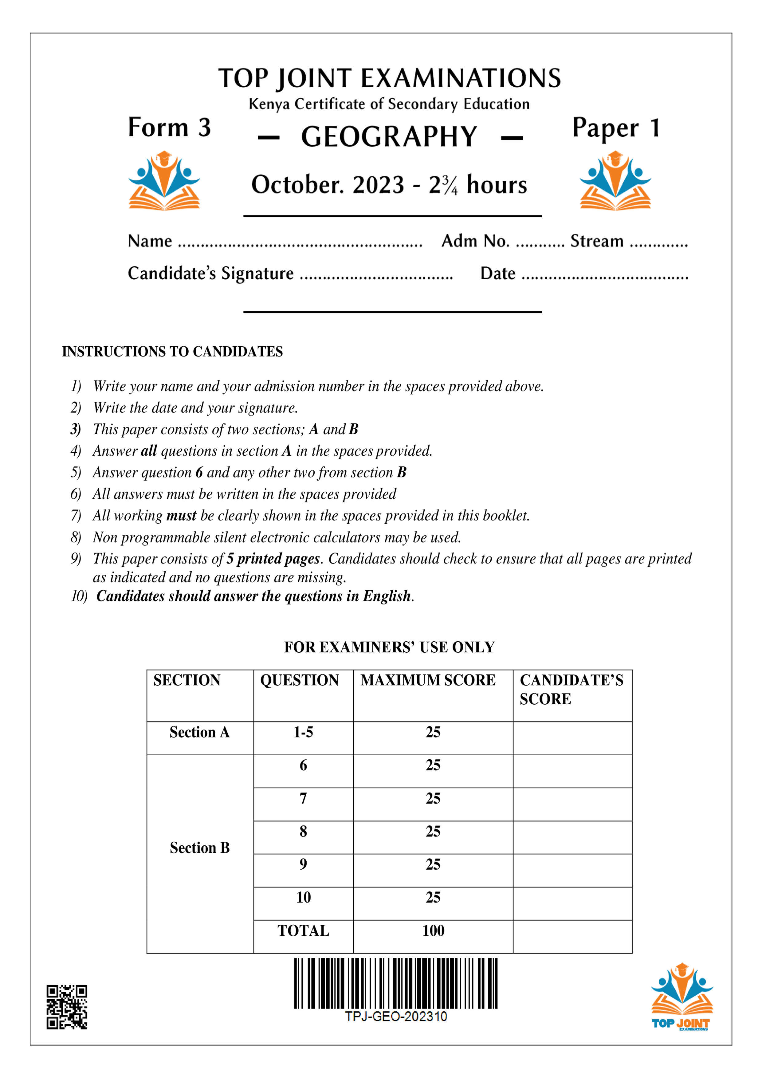 GEOGRAPHY FORM 3 END TERM 3 2023