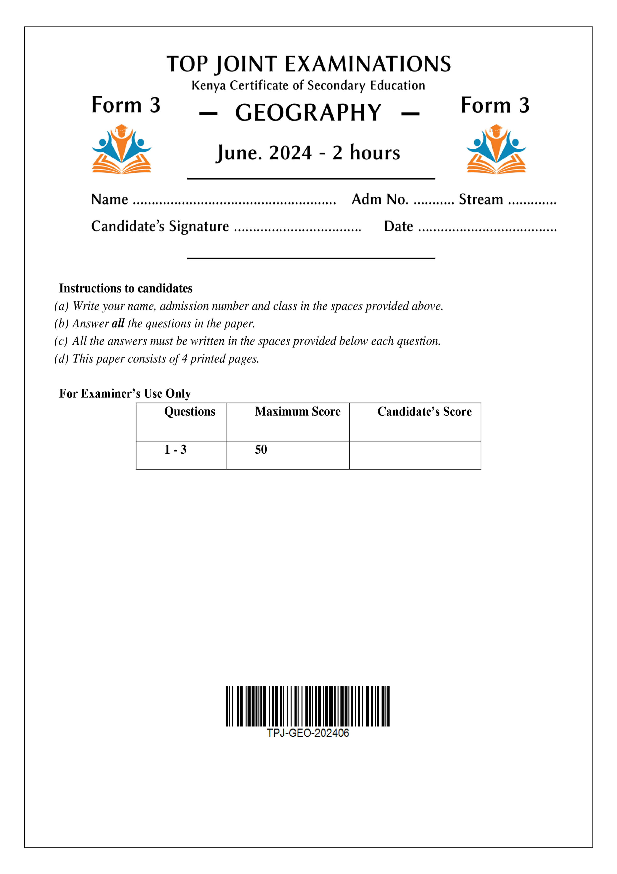 GEOGRAPHY FORM 3 CAT MID TERM 2 2024