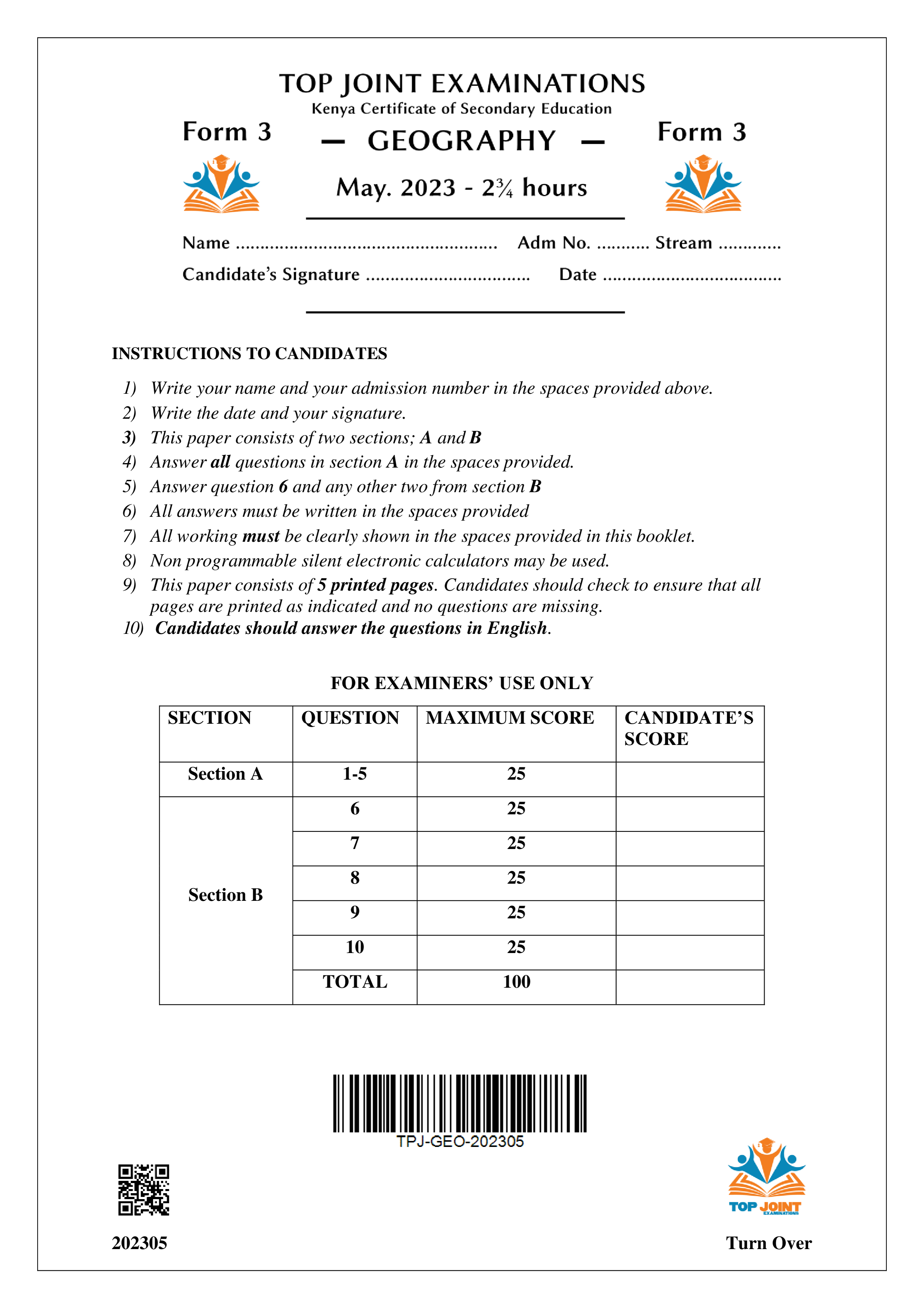 GEOGRAPHY FORM 3 OPENER TERM 2 2023