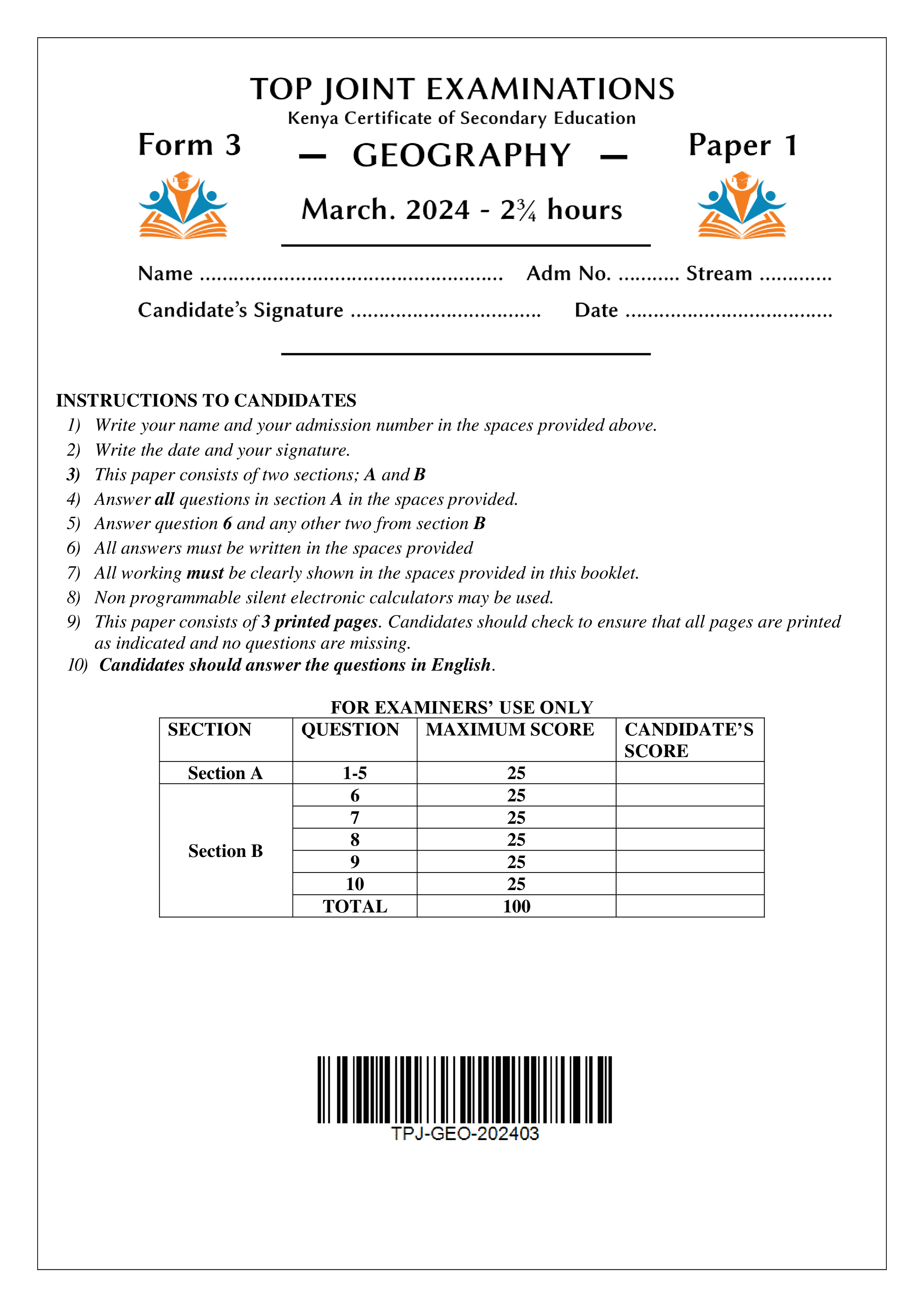 GEOGRAPHY FORM 3 PAPER 1 END TERM 1 2024