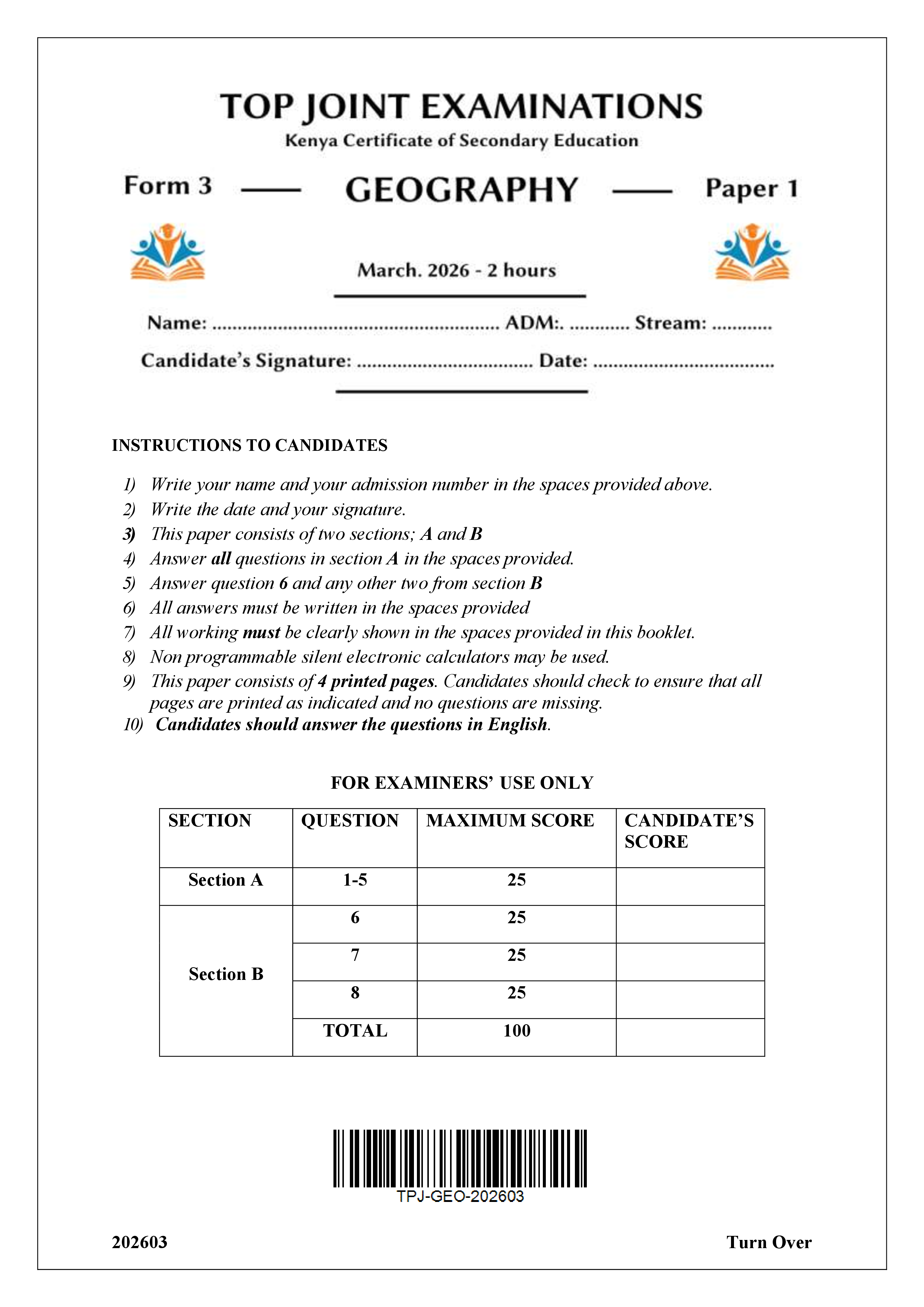 GEOGRAPHY FORM 3 PAPER 1 END TERM 1 2026