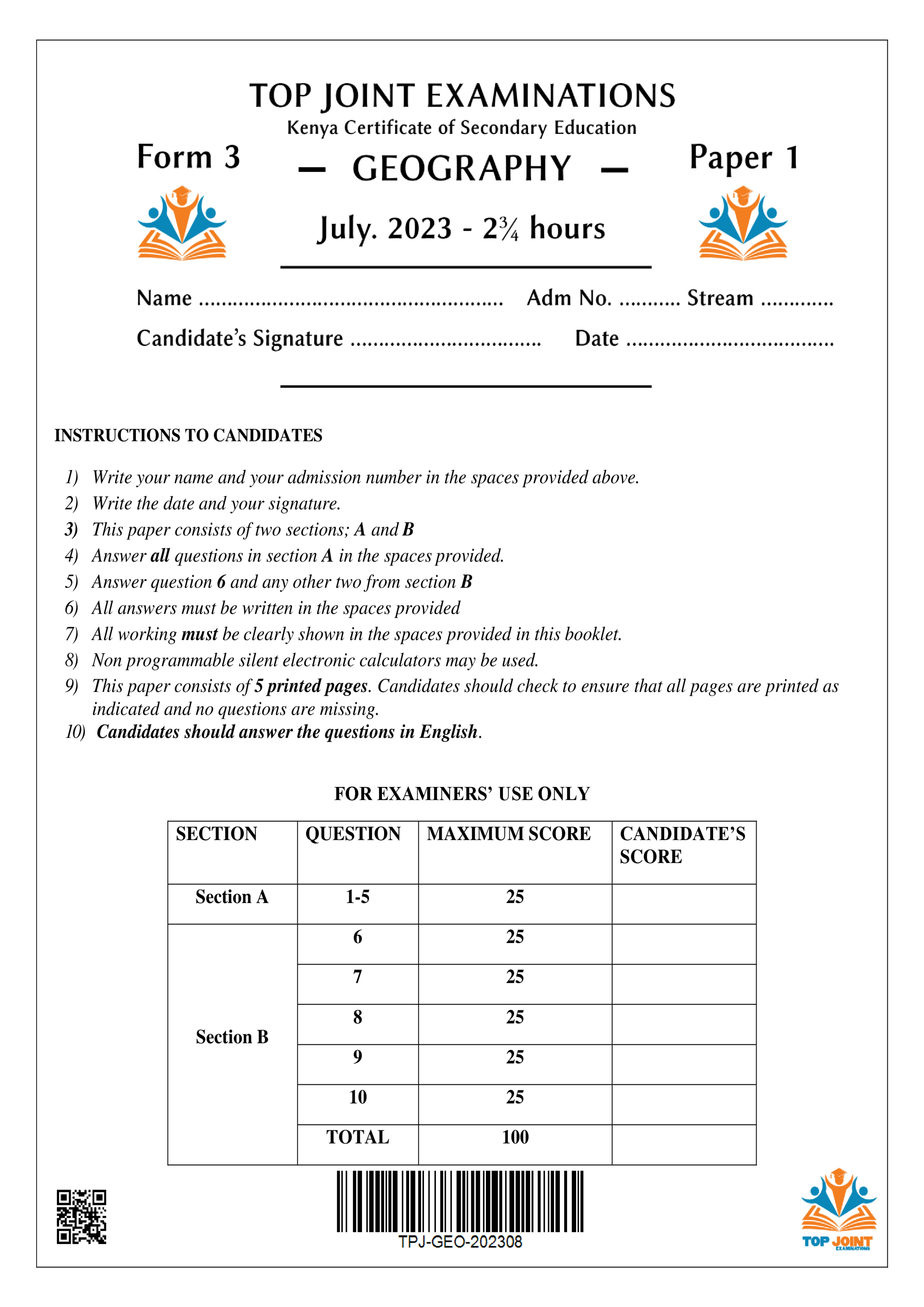 GEOGRAPHY FORM 3 PAPER 1 END TERM 2 2023