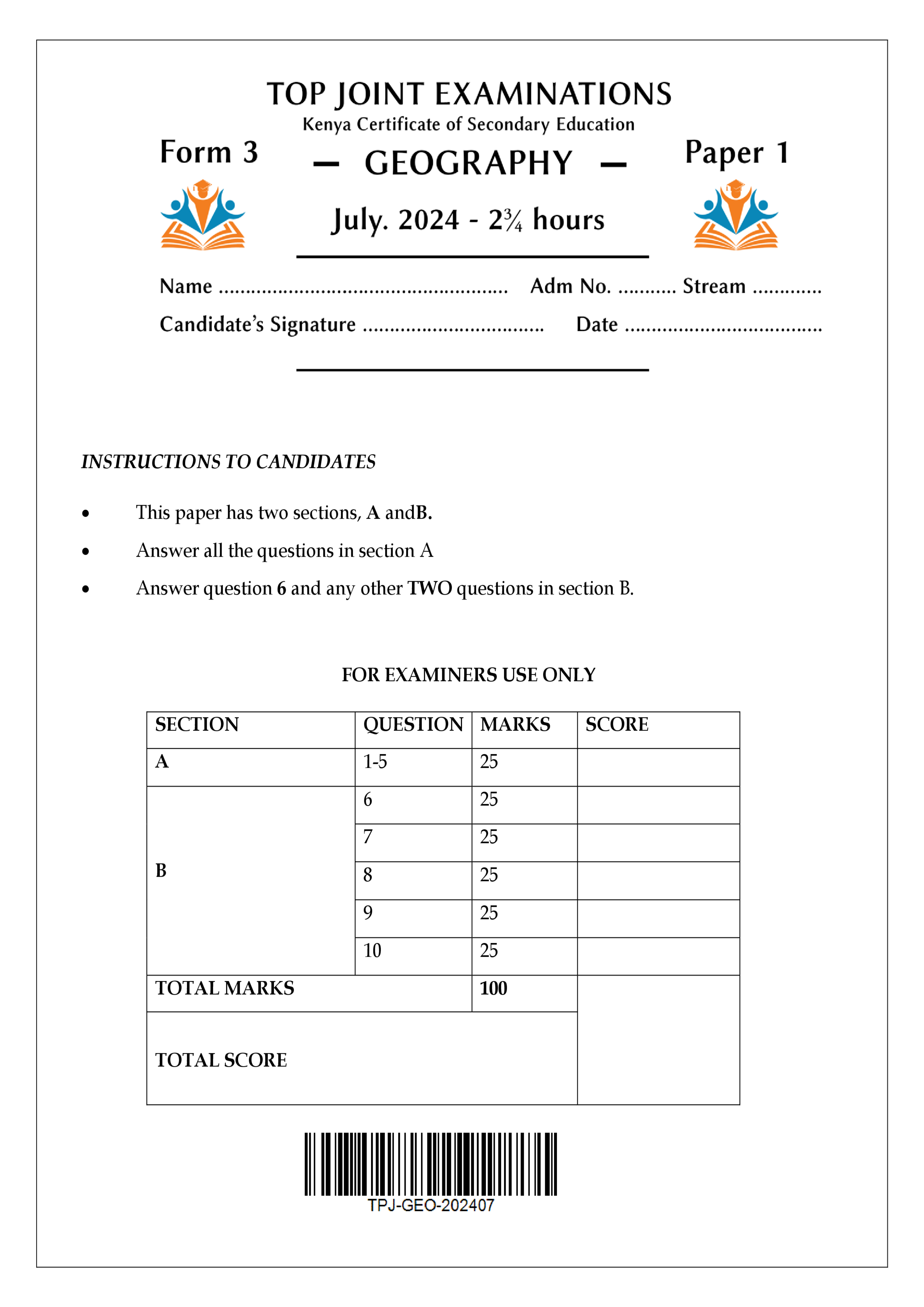 GEOGRAPHY FORM 3 PAPER 1 END TERM 2 2024