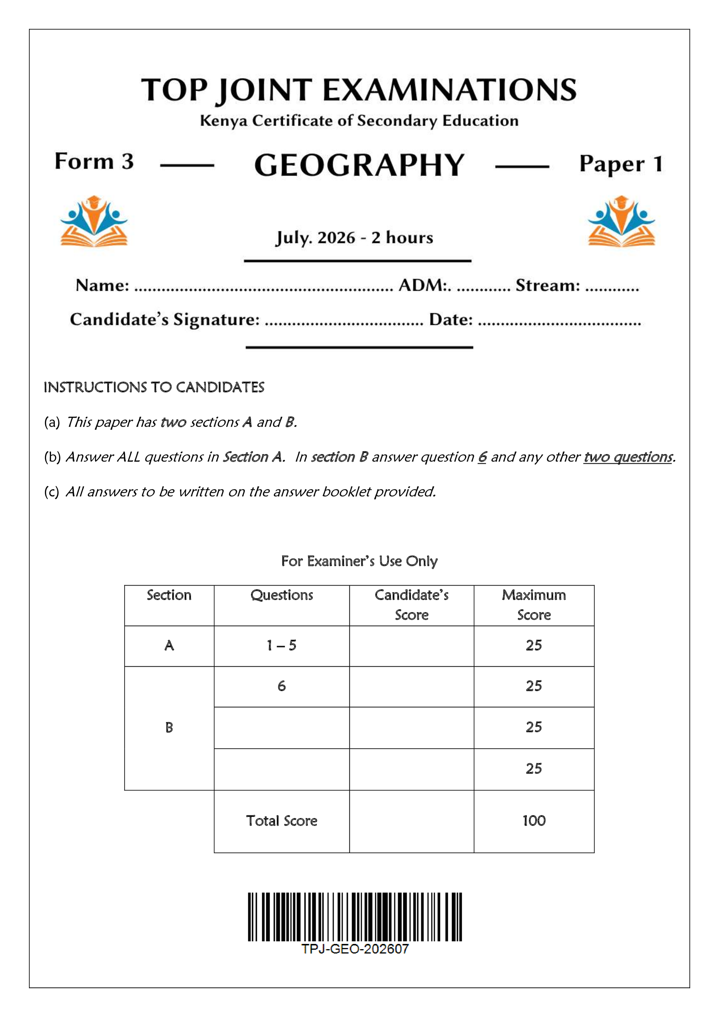 GEOGRAPHY FORM 3 PAPER 1 END TERM 2 2026