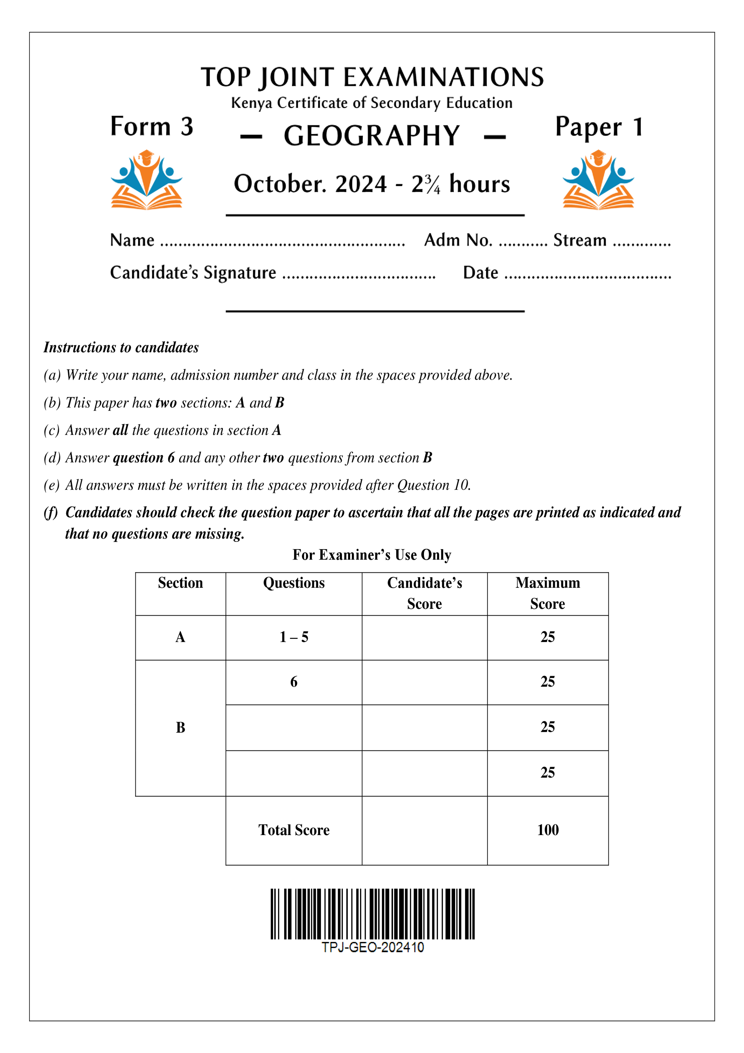 GEOGRAPHY FORM 3 PAPER 1 END TERM 3 2024