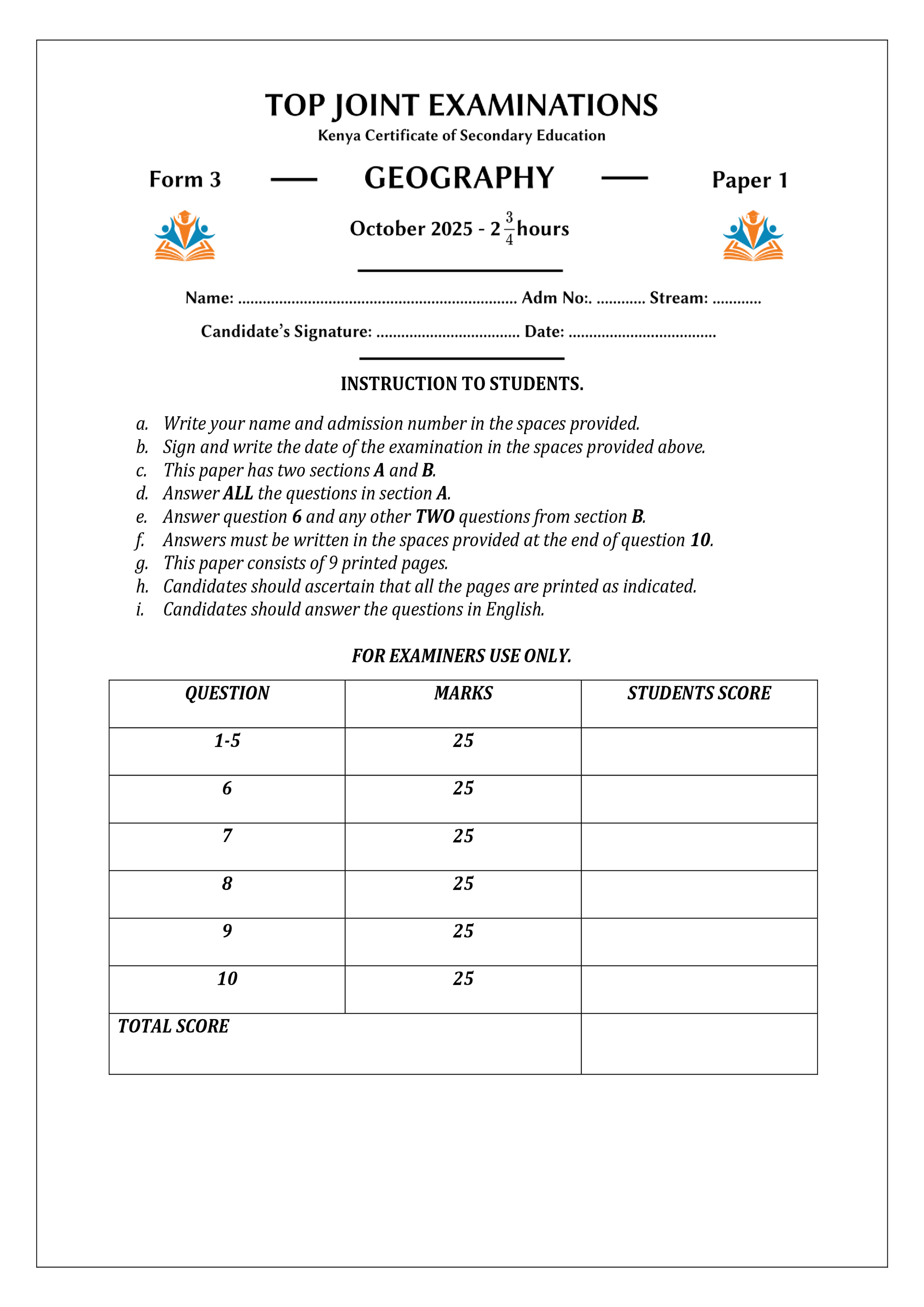 GEOGRAPHY FORM 3 PAPER 1 END TERM 3 2025
