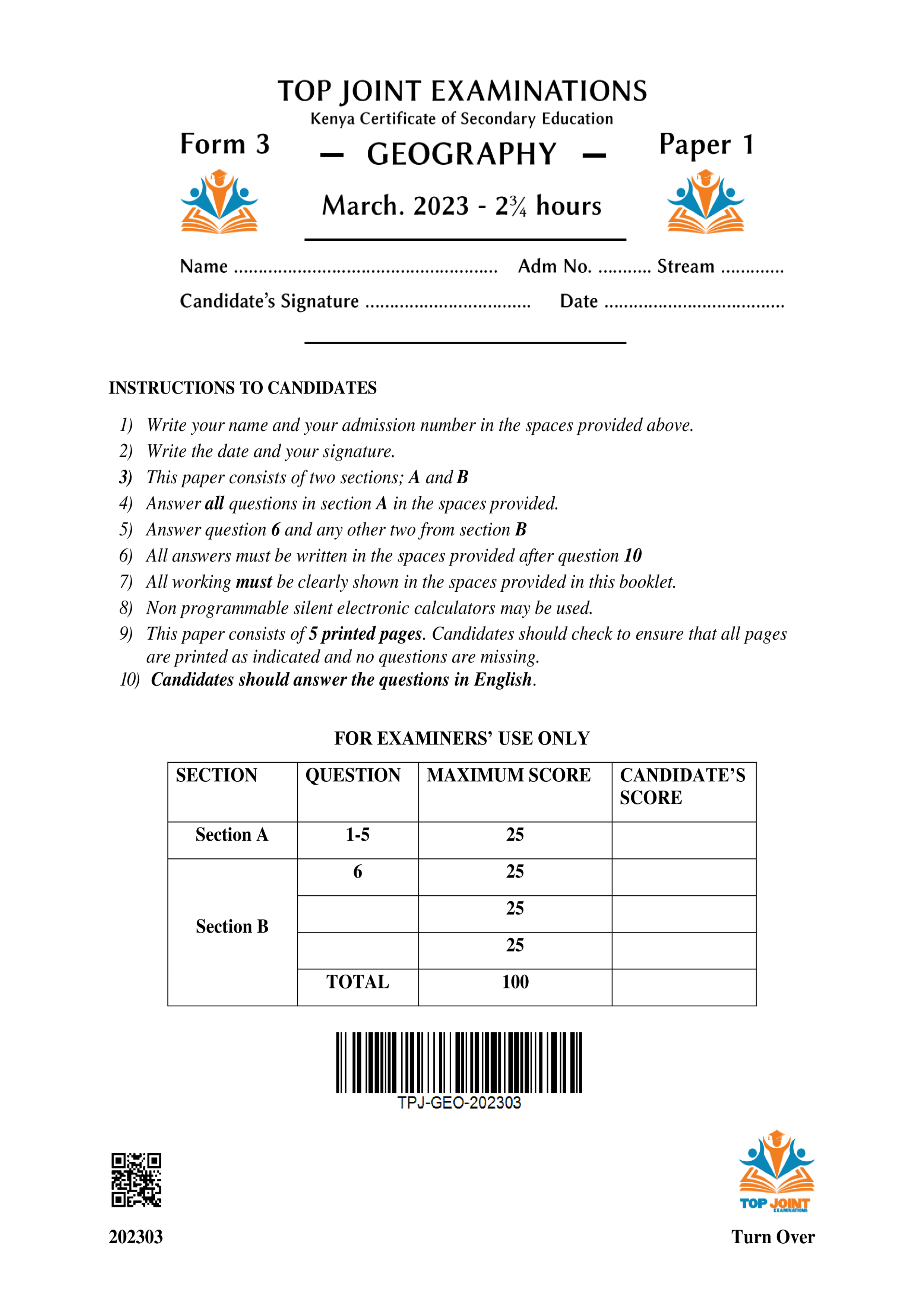 GEOGRAPHY FORM 3 PAPER 1 MID TERM 1 2023
