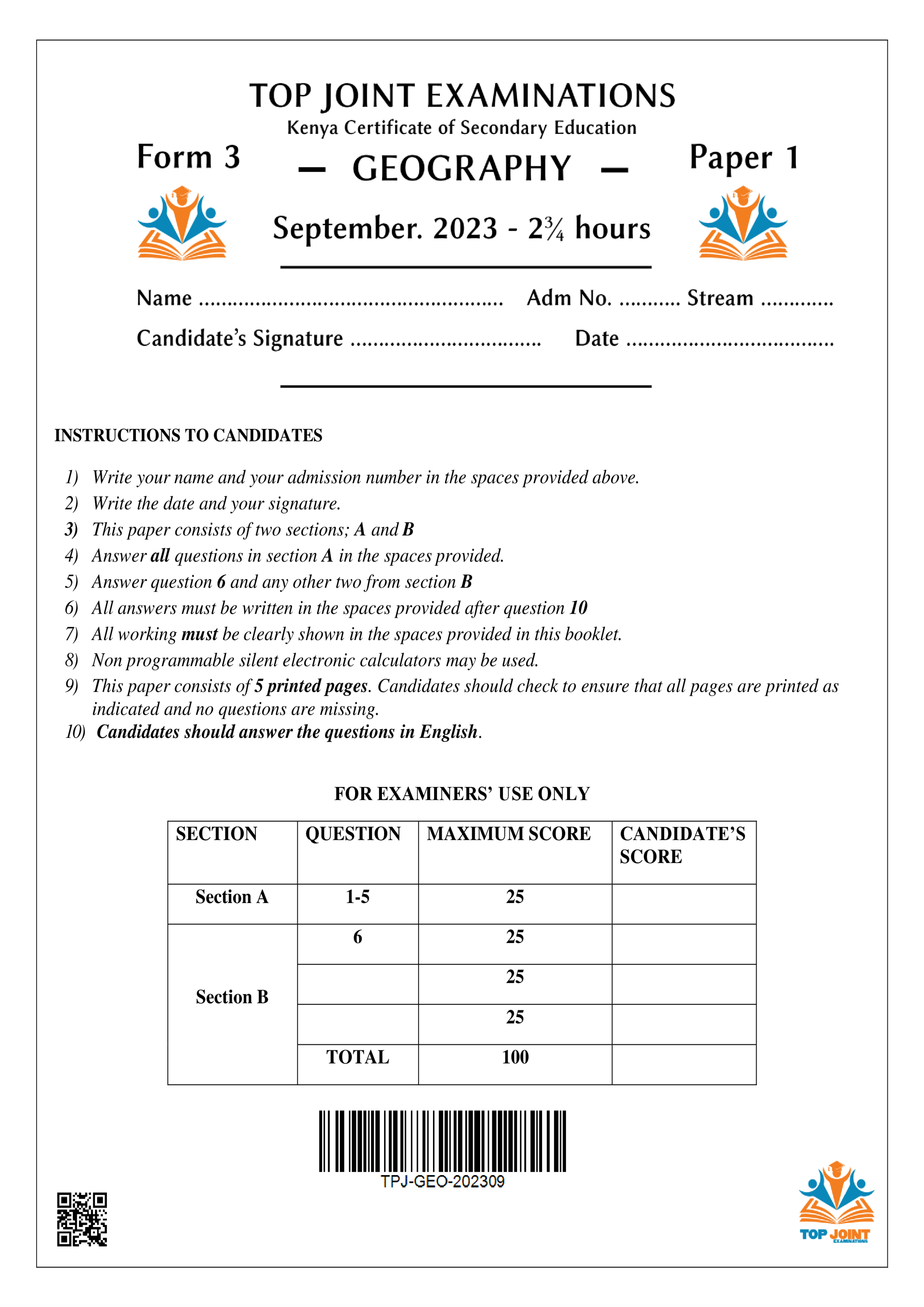 GEOGRAPHY FORM 3 PAPER 1 OPENER TERM 3 2023