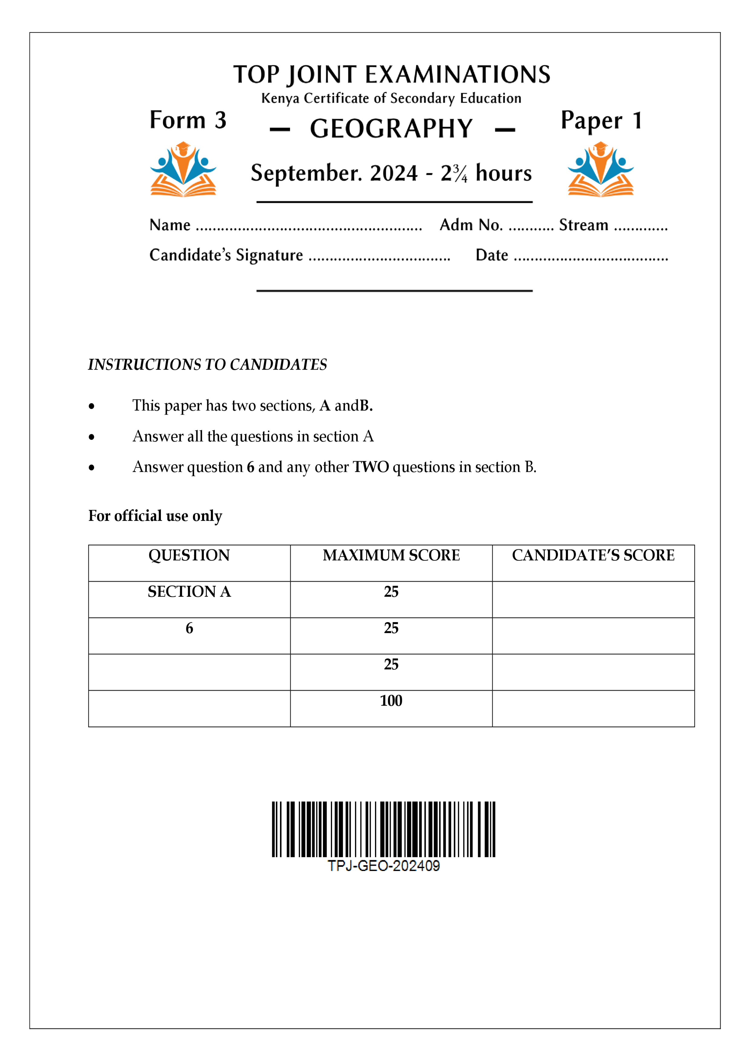 GEOGRAPHY FORM 3 PAPER 1 SERIES 1 TERM 3 2024