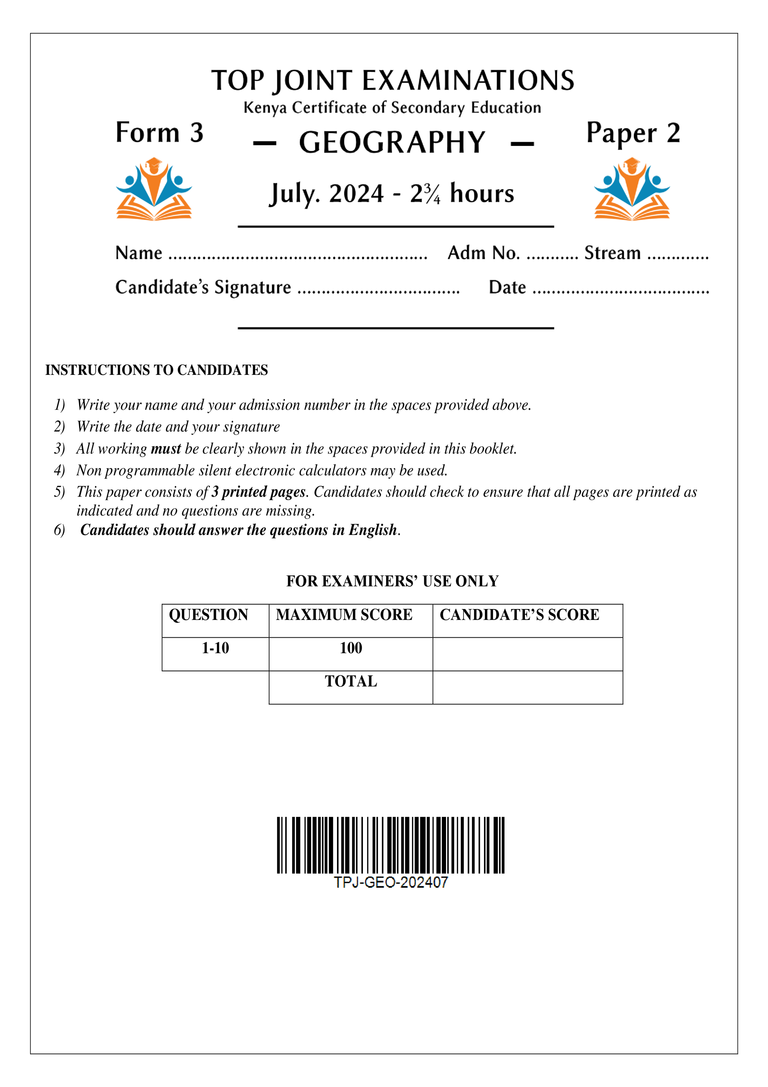 GEOGRAPHY FORM 3 PAPER 2 END TERM 2 2024