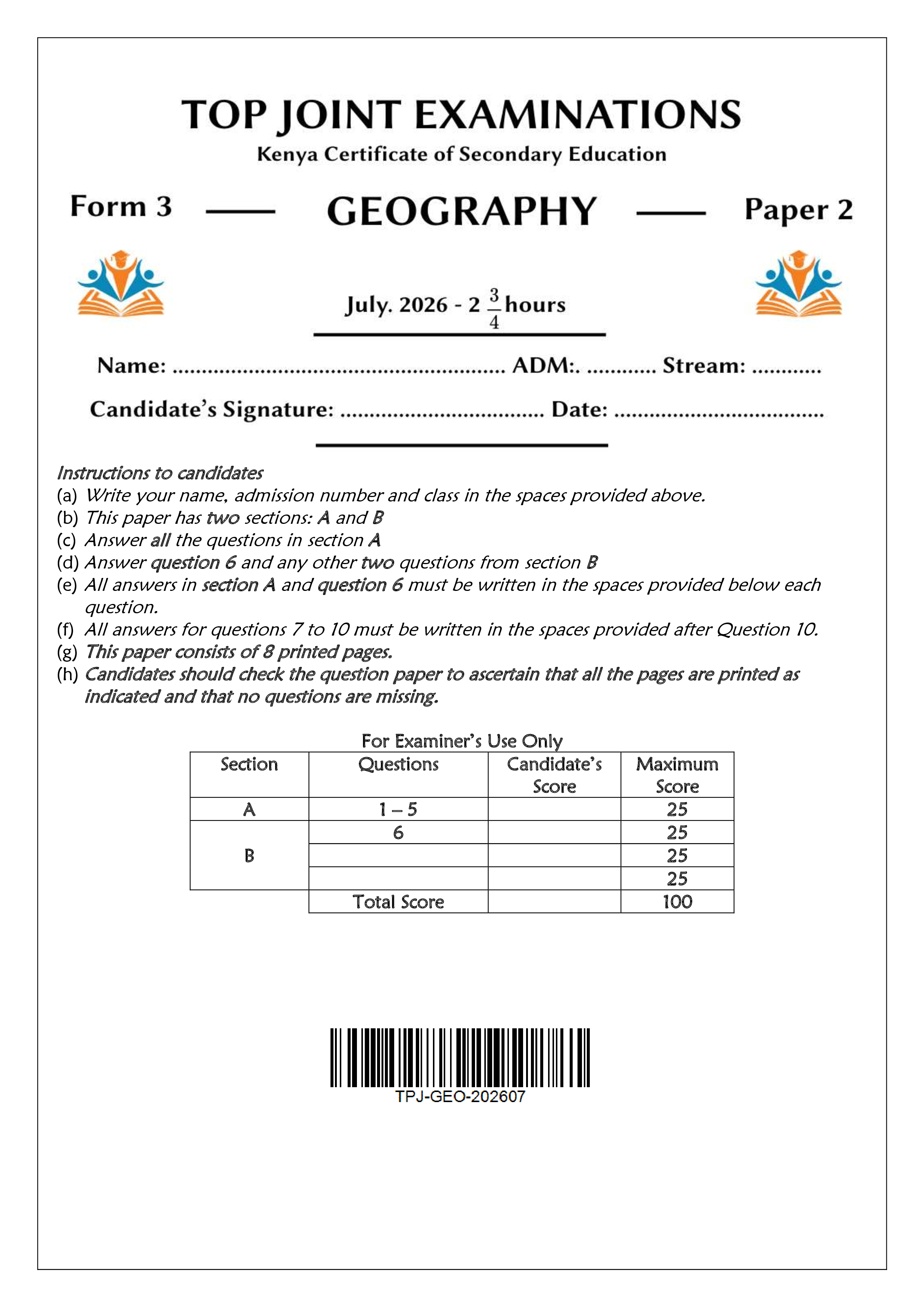 GEOGRAPHY FORM 3 PAPER 2 END TERM 2 2026