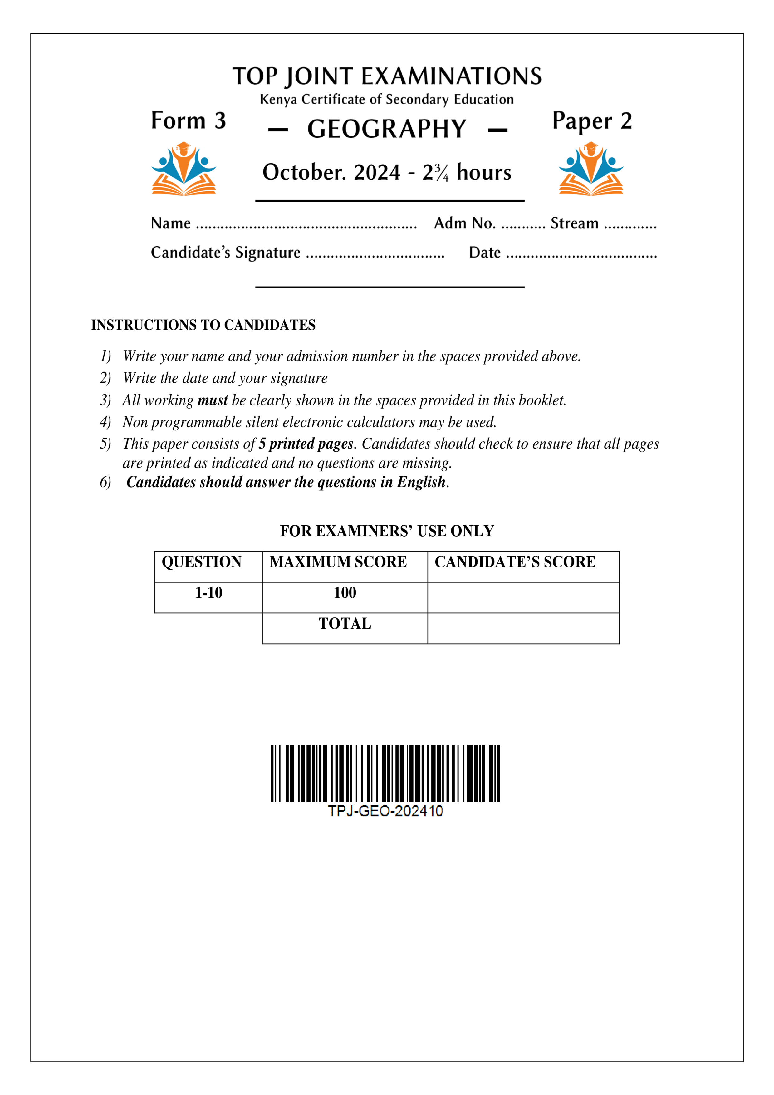 GEOGRAPHY FORM 3 PAPER 2 END TERM 3 2024