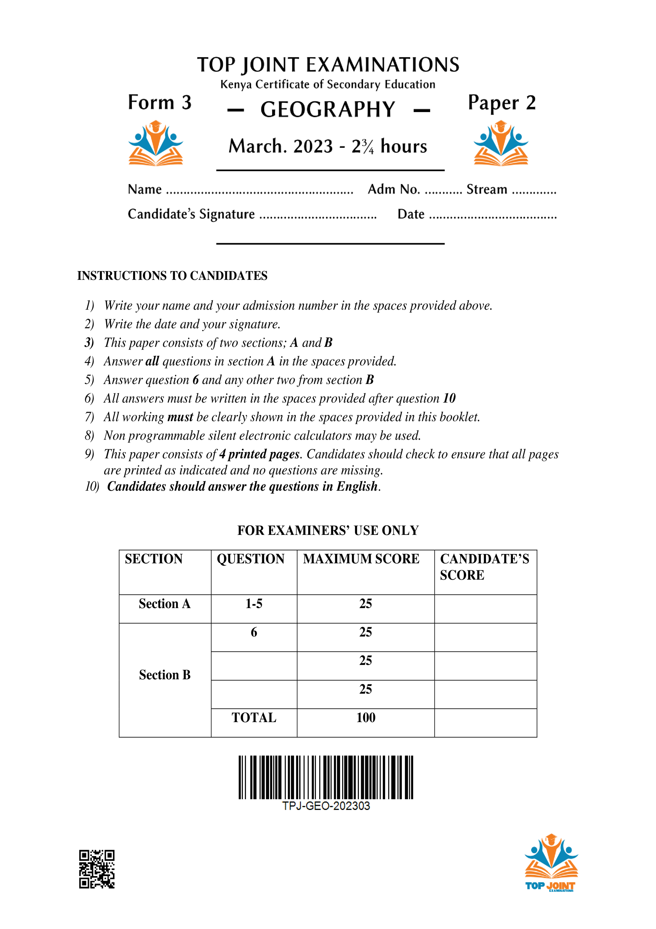 GEOGRAPHY FORM 3 PAPER 2 MID TERM 1 2023