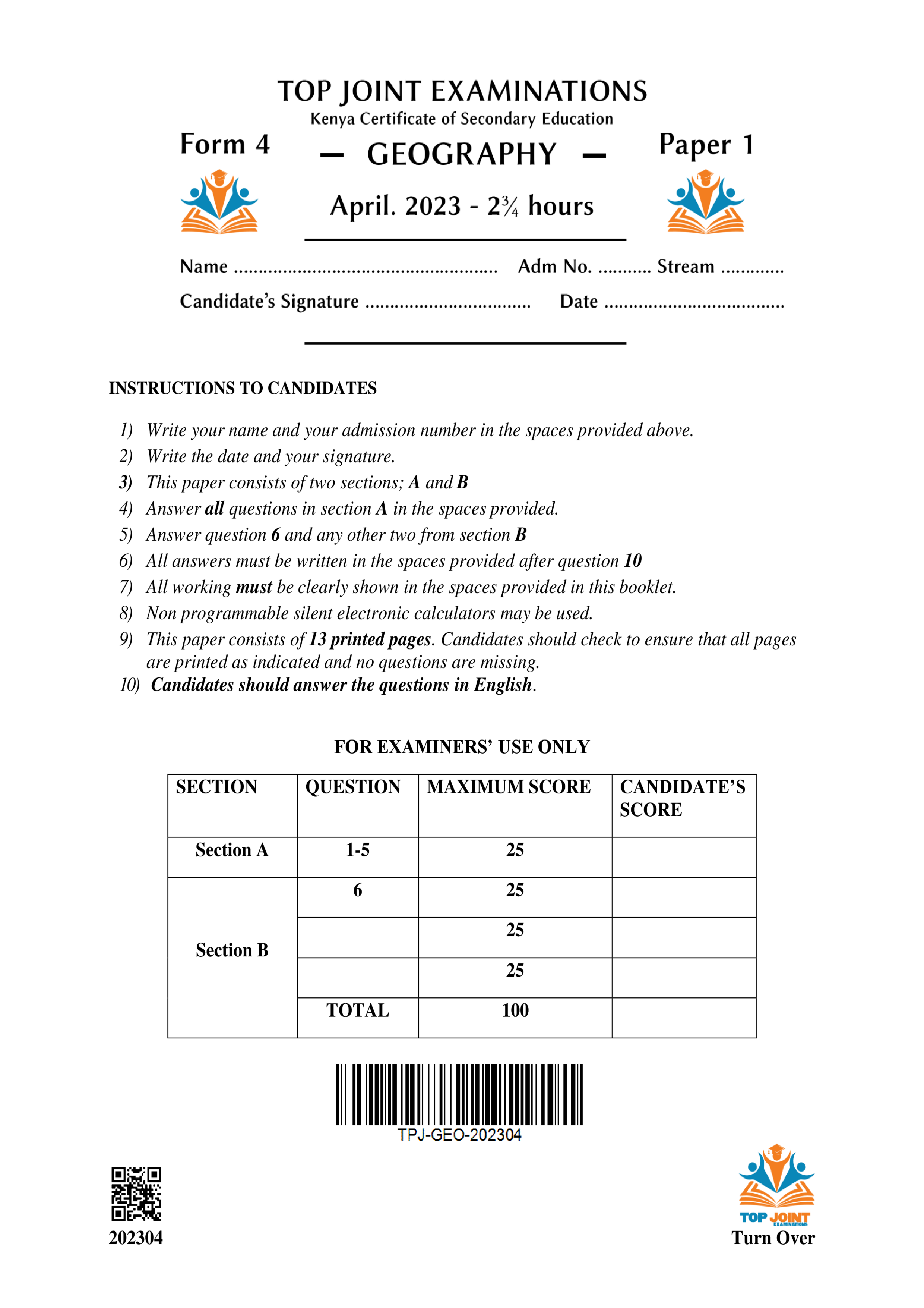 GEOGRAPHY FORM 4 END TERM 1 2023