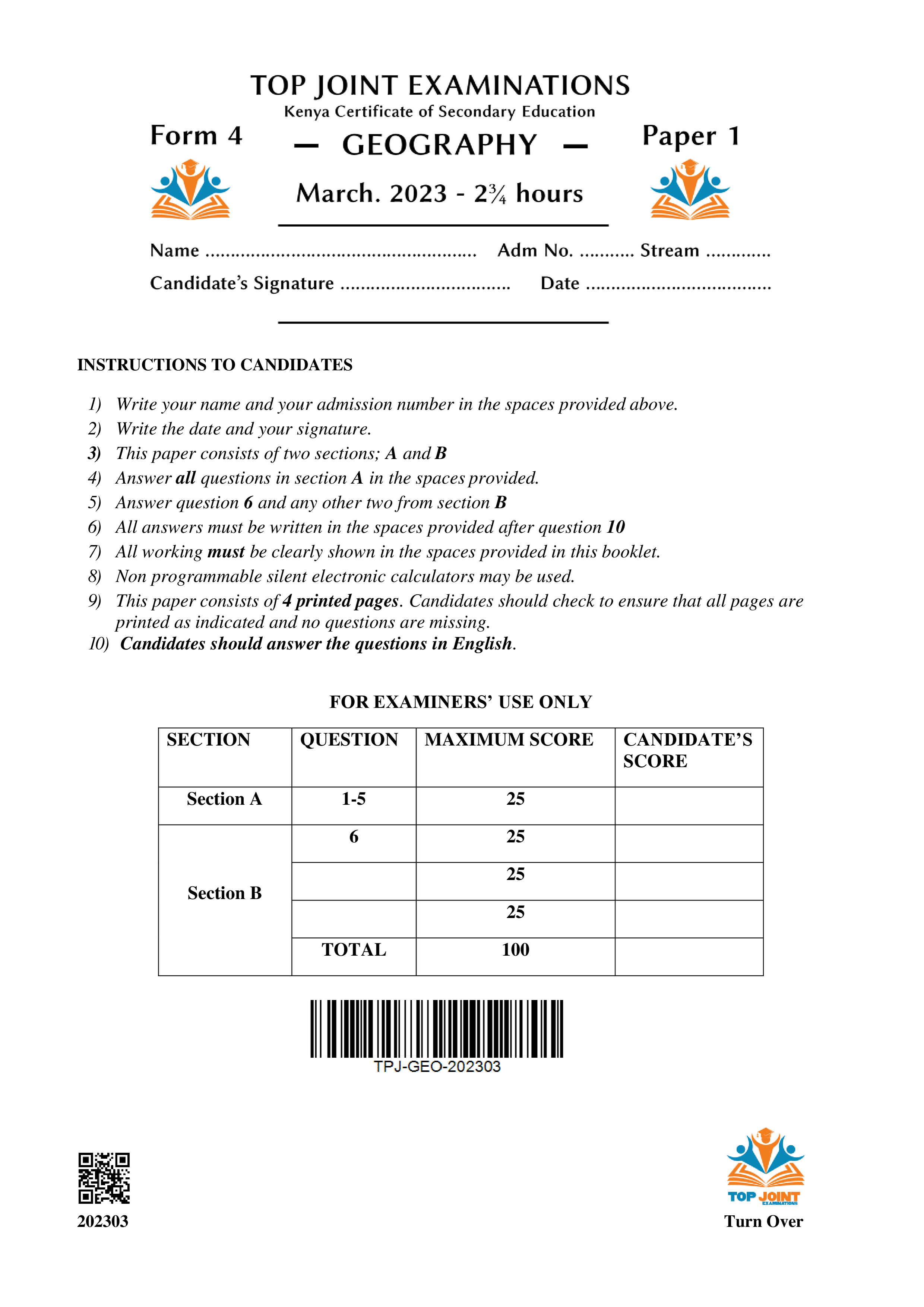 GEOGRAPHY FORM 4 MID TERM 1 2023