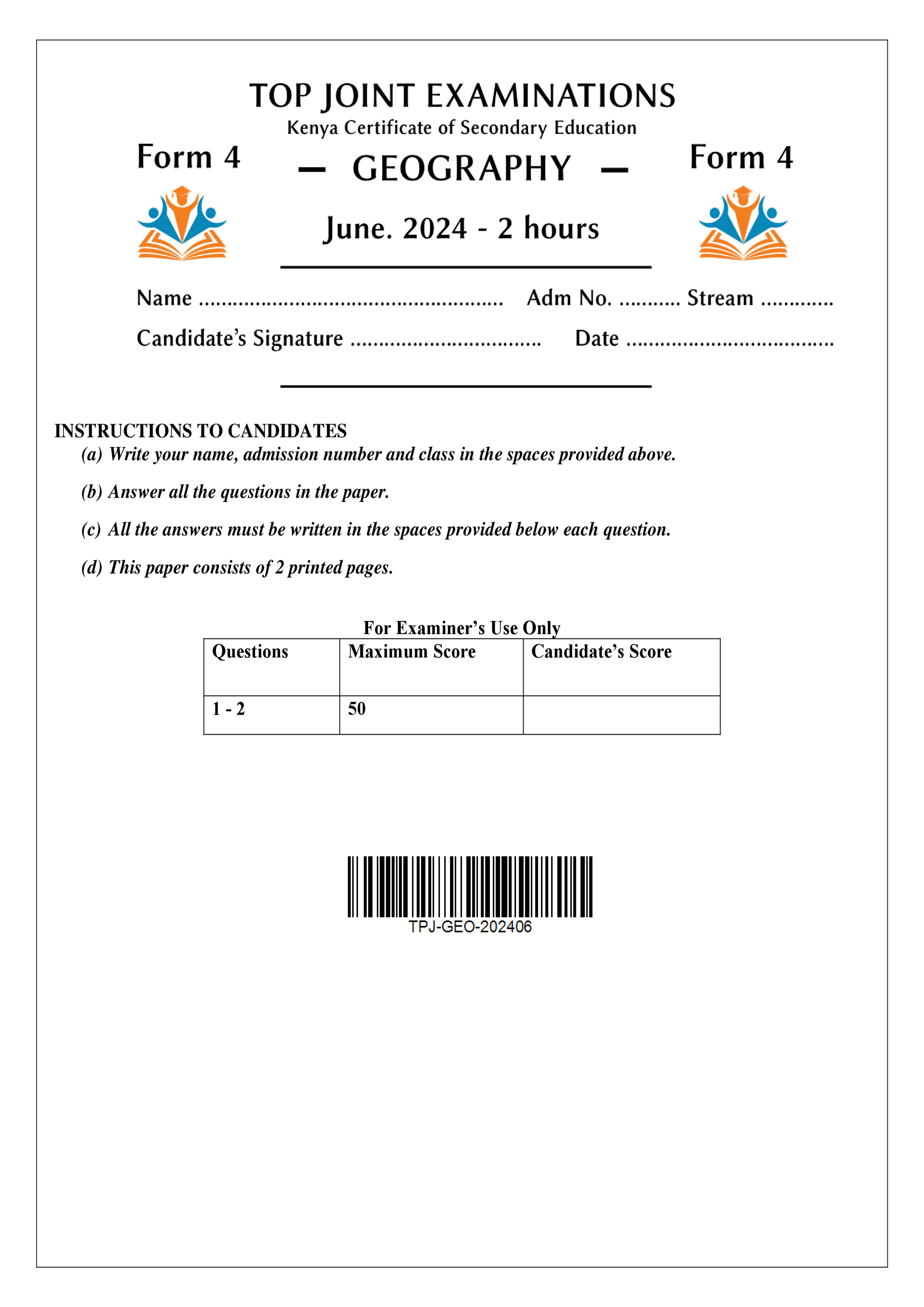 GEOGRAPHY FORM 4 CAT MID TERM 2 2024
