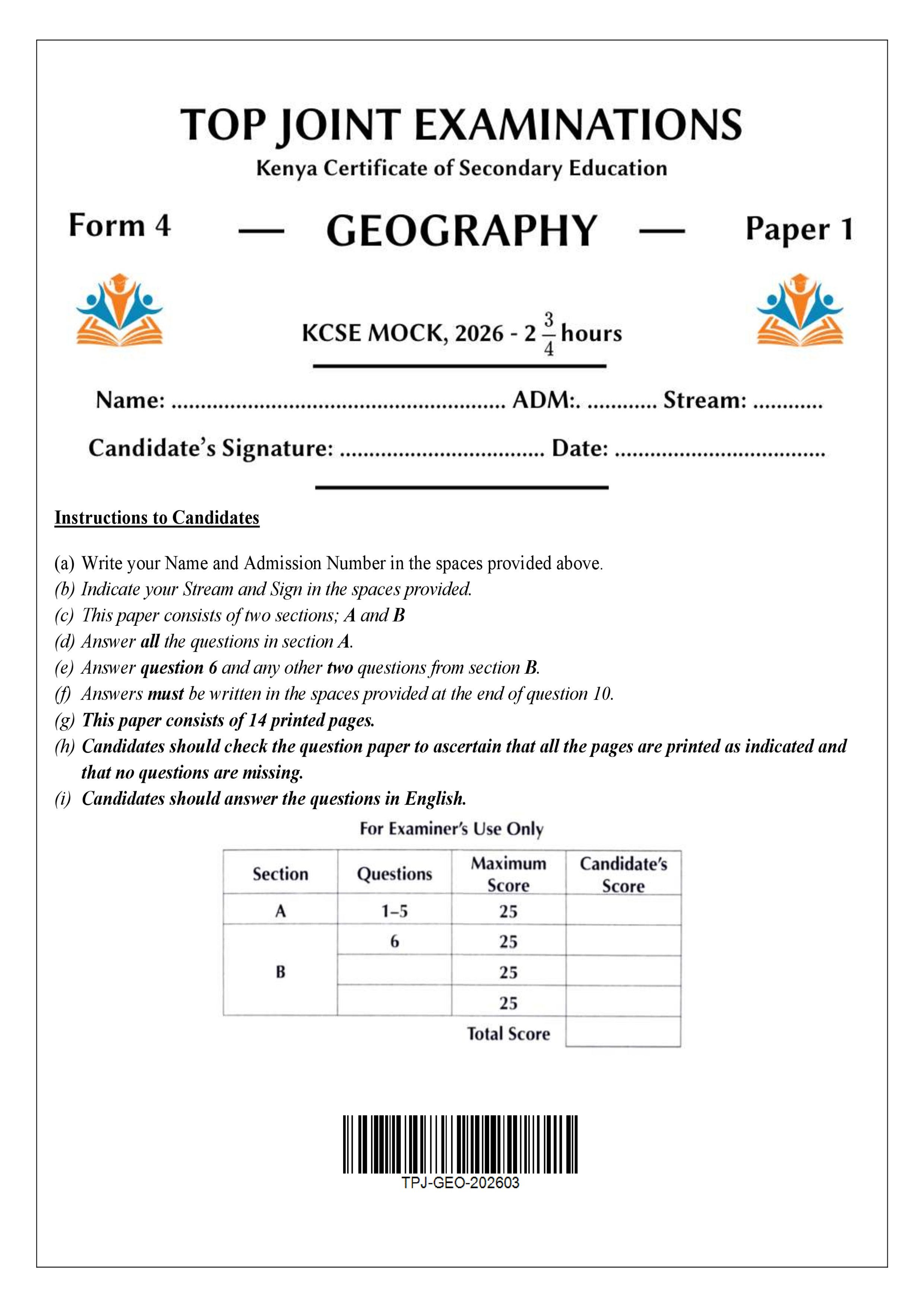 GEOGRAPHY FORM 4 PAPER 1 END TERM 1 2026