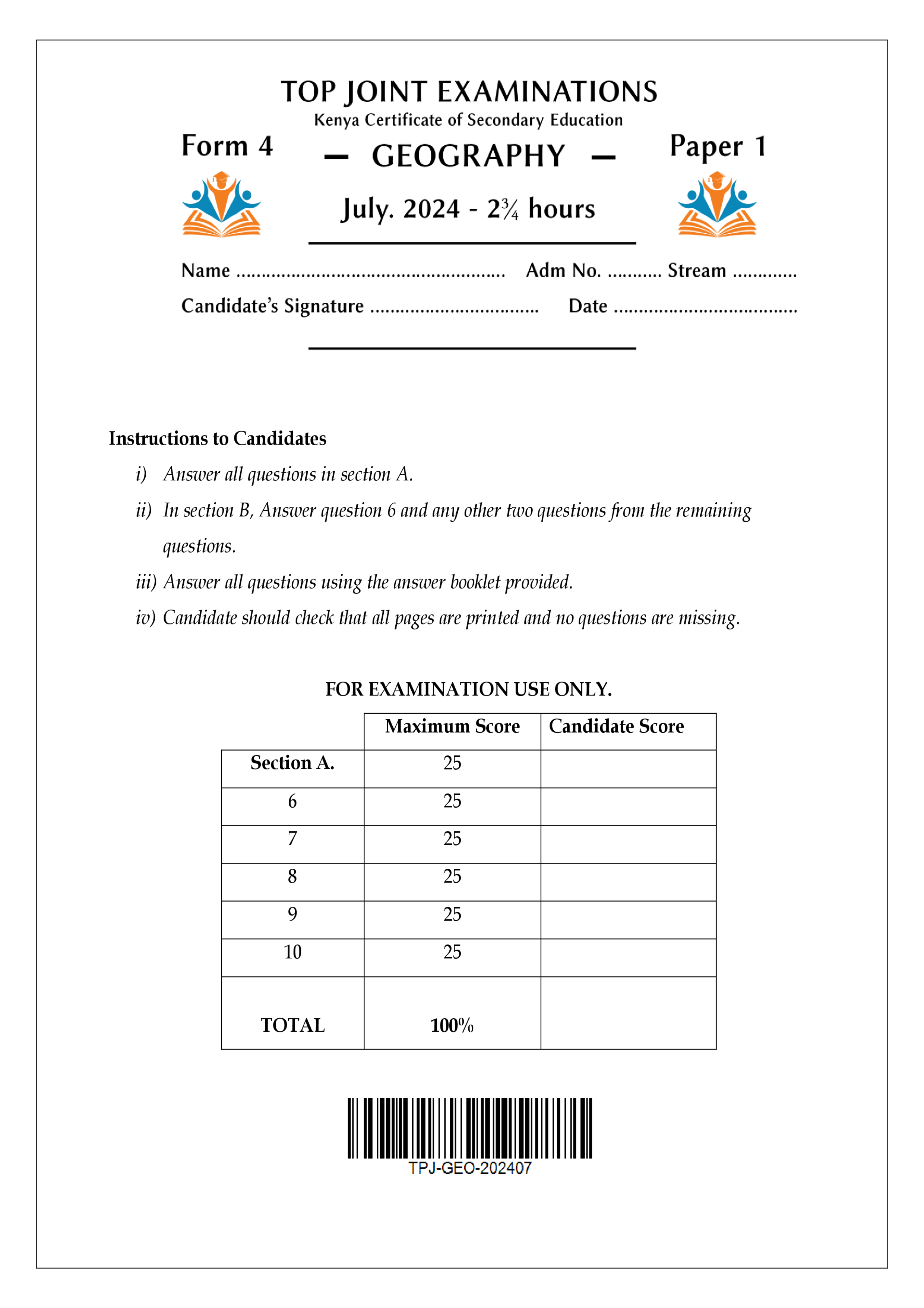 GEOGRAPHY FORM 4 PAPER 1 MOCK EXAM 2024