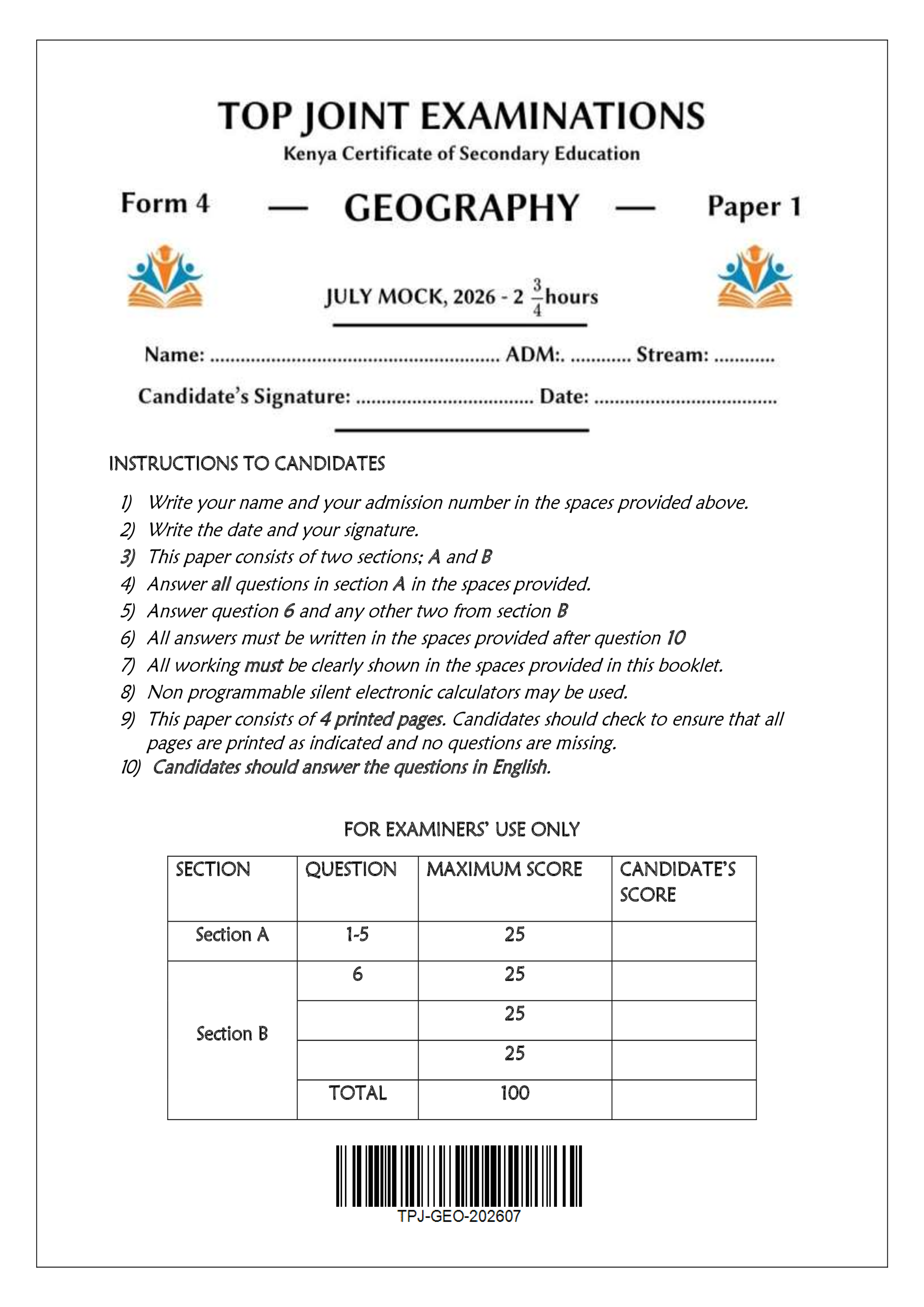 GEOGRAPHY FORM 4 PAPER 1 END TERM 2 2026