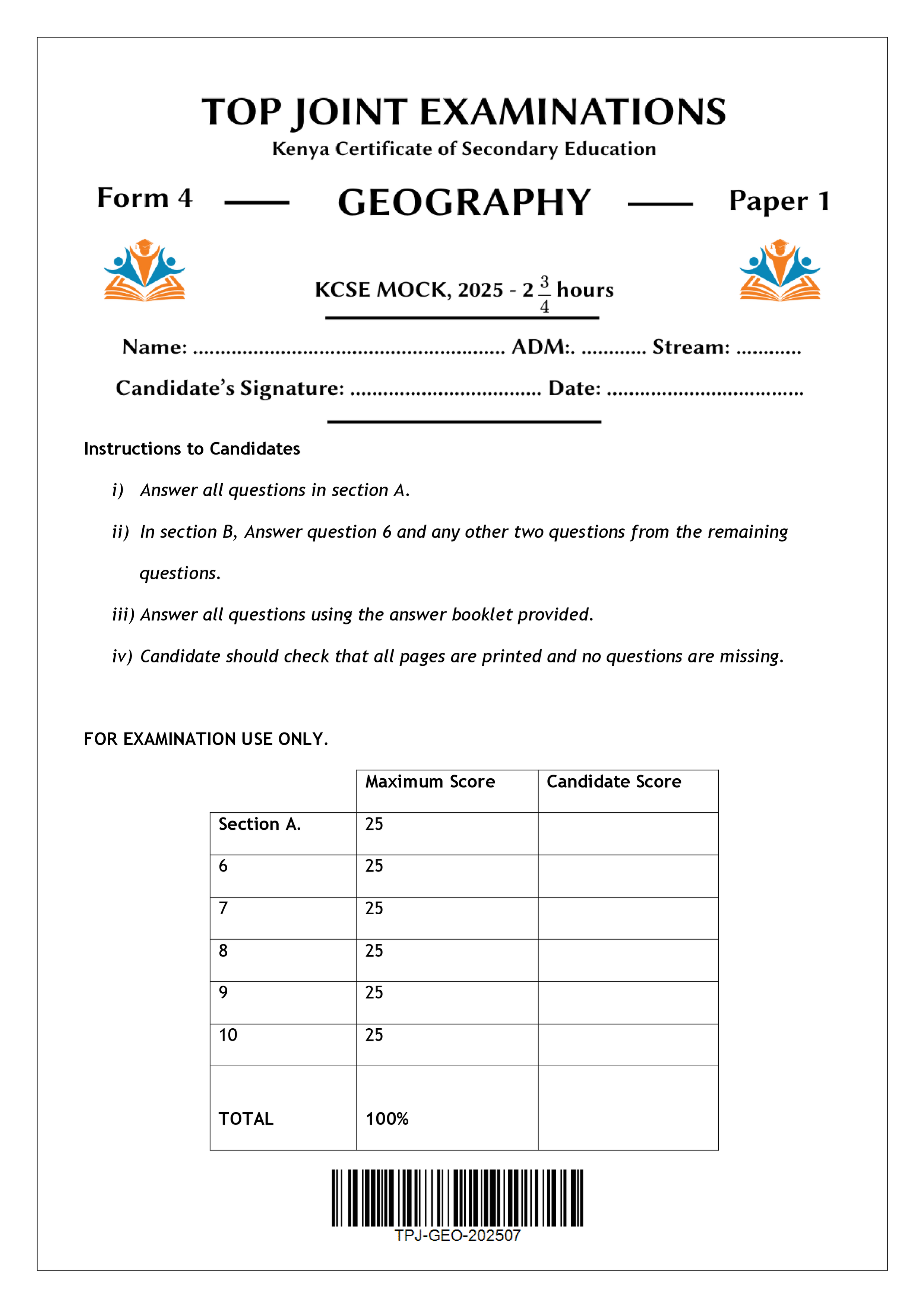 GEOGRAPHY FORM 4 PAPER 1 MOCK 2025