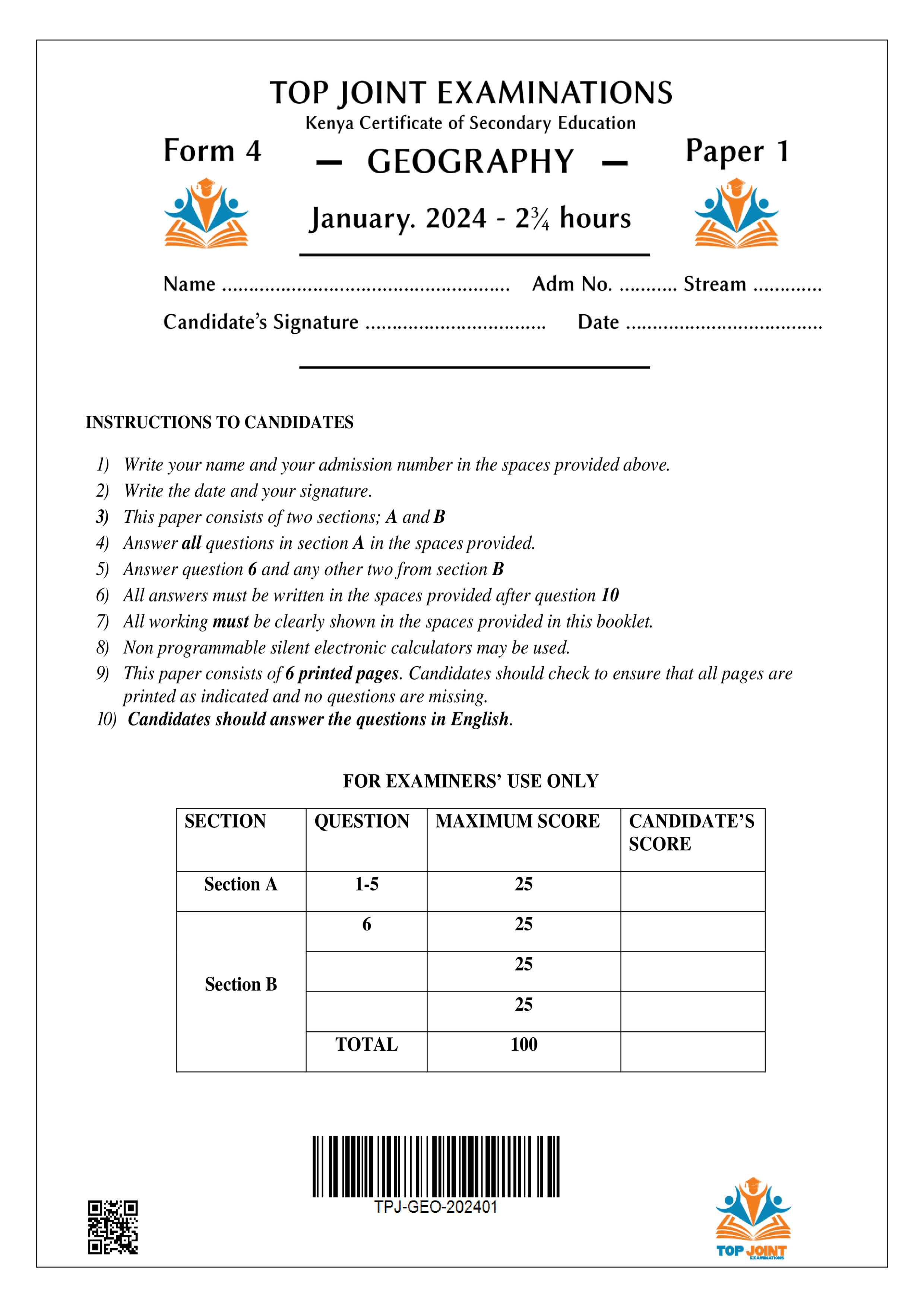 GEOGRAPHY FORM 4 PAPER 1 OPENER TERM 1 2024