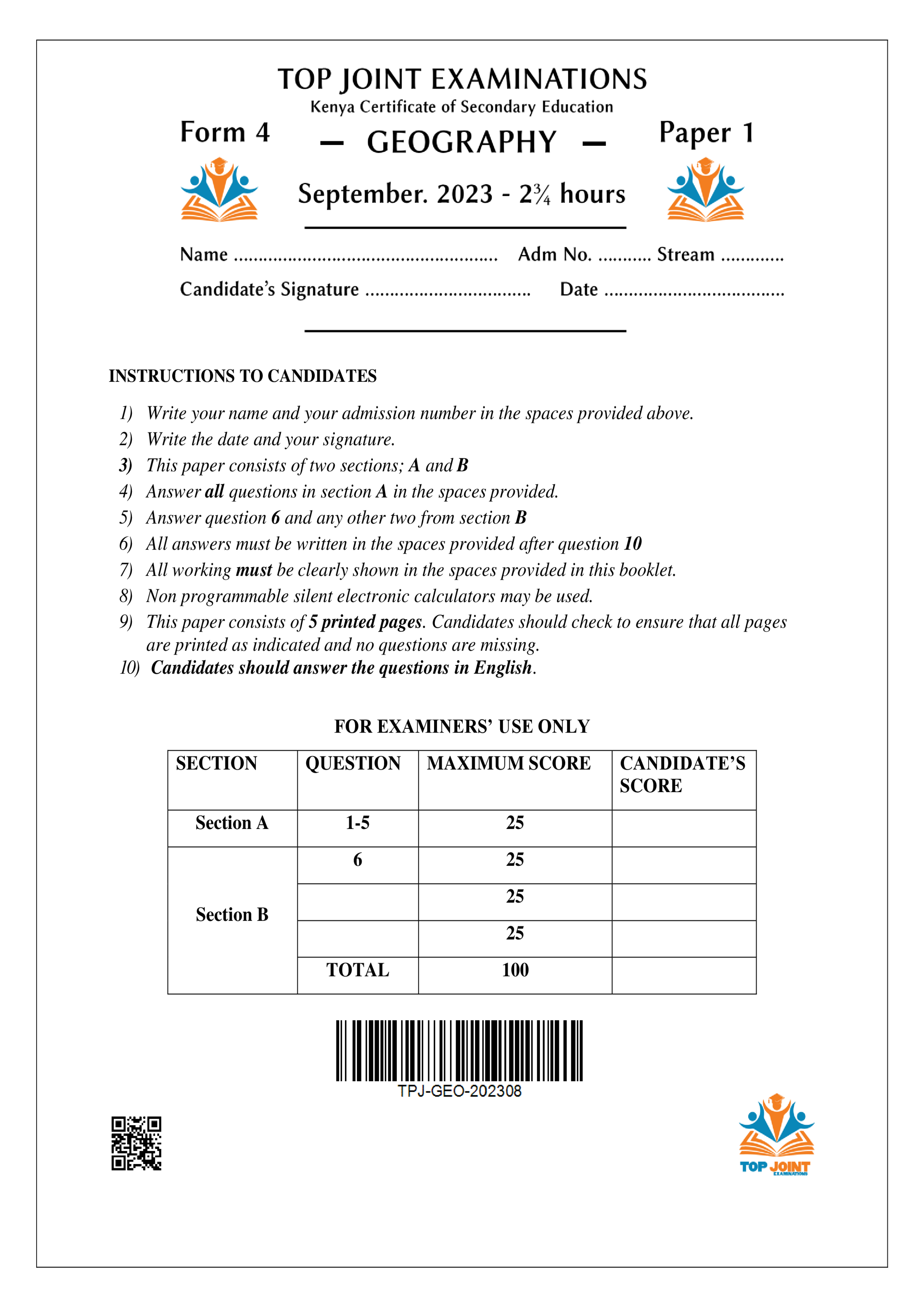 GEOGRAPHY FORM 4 PAPER 1 OPENER TERM 3 2023