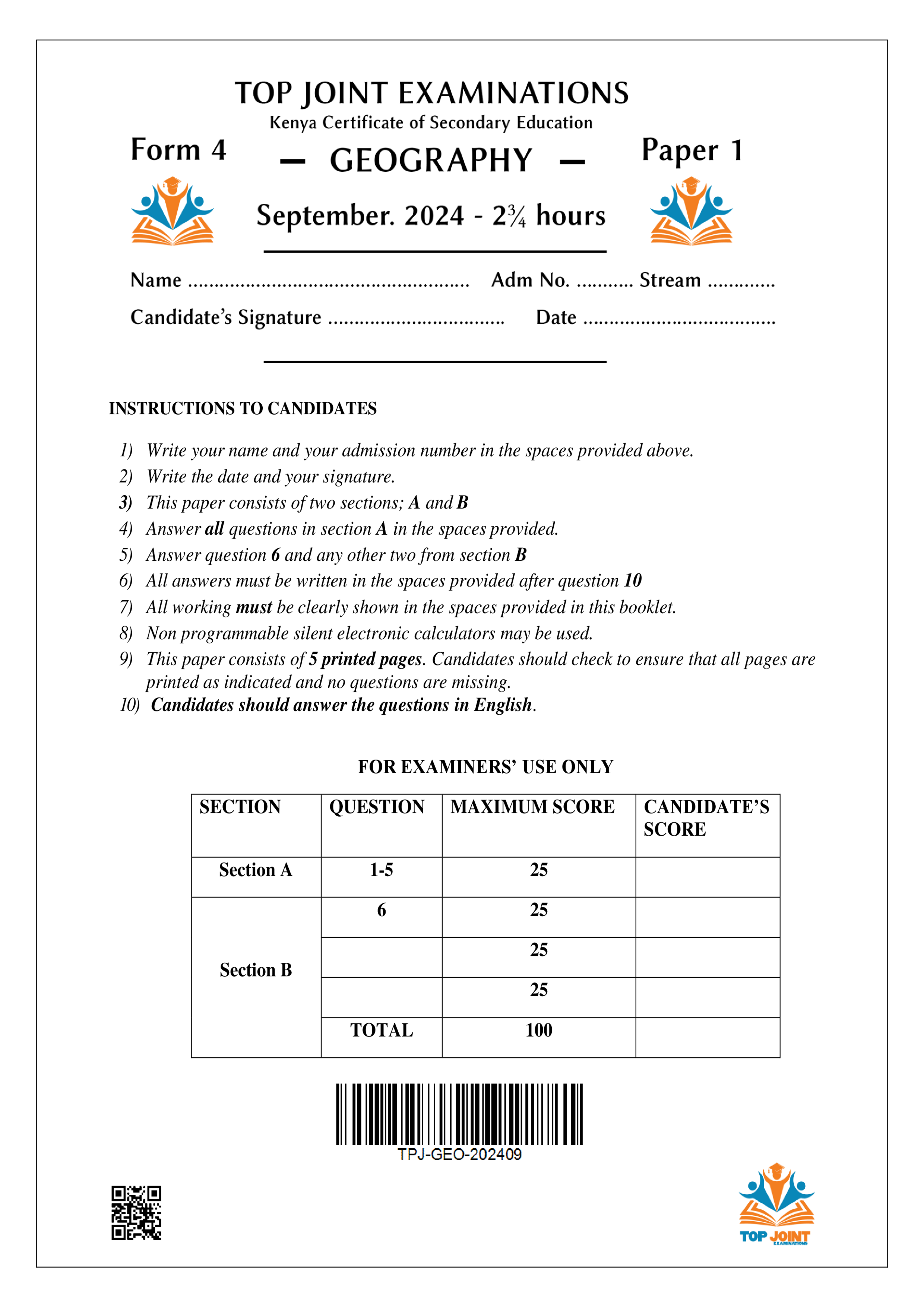GEOGRAPHY FORM 4 PAPER 1 SERIES 1 TERM 3 2024