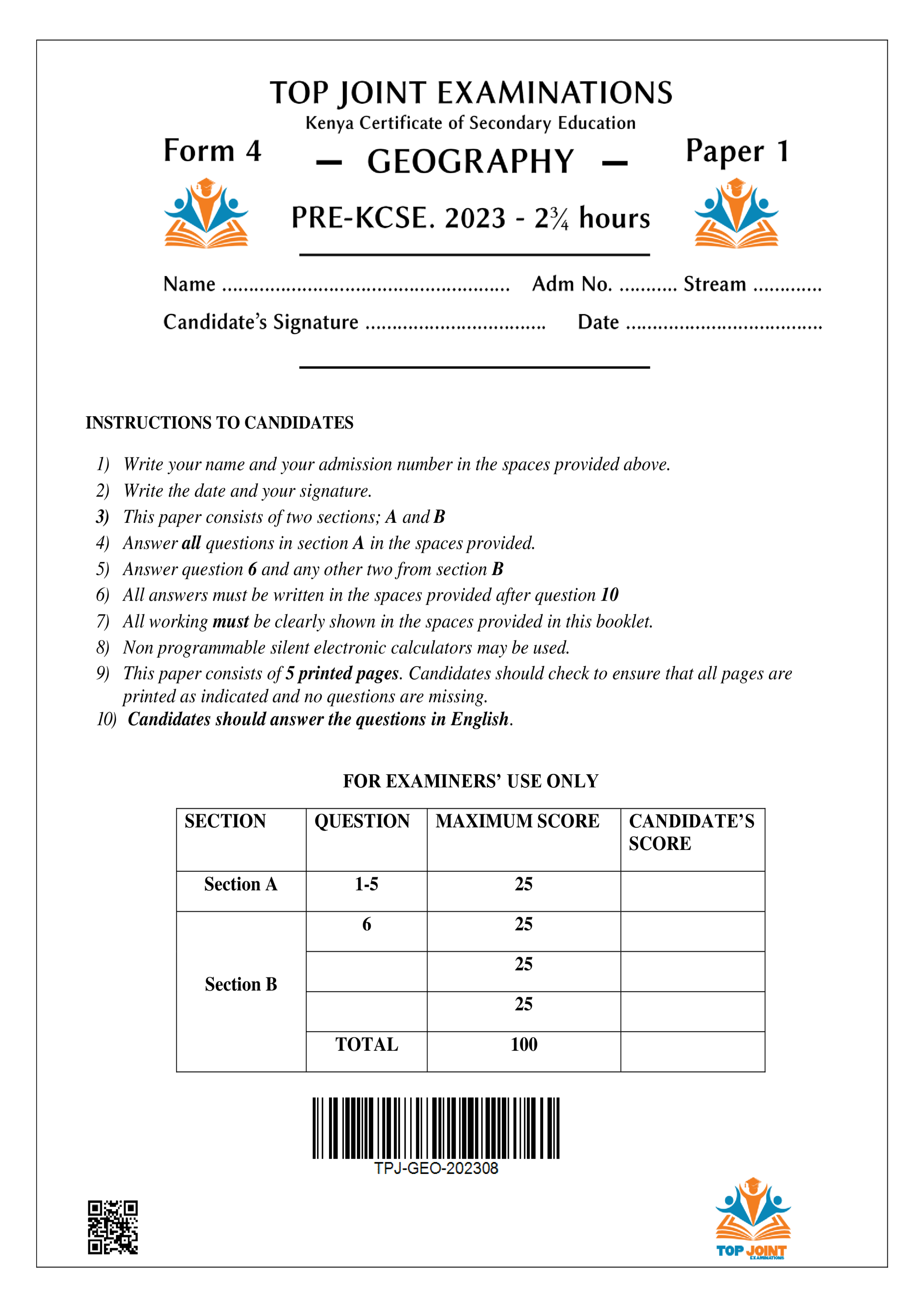 GEOGRAPHY FORM 4 PAPER 1 PRE-KCSE 2023