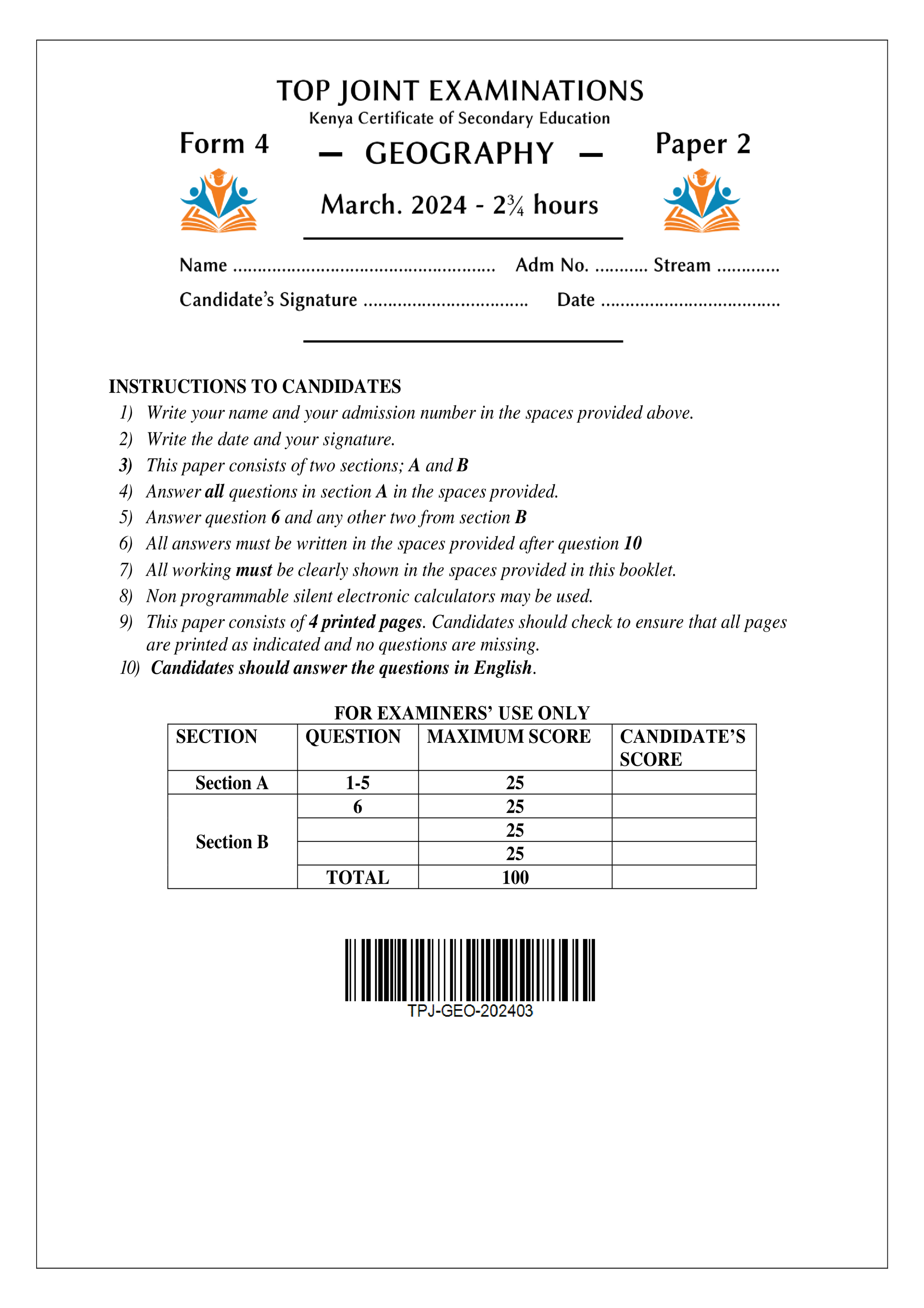 GEOGRAPHY FORM 4 PAPER 2 END TERM 1 2024