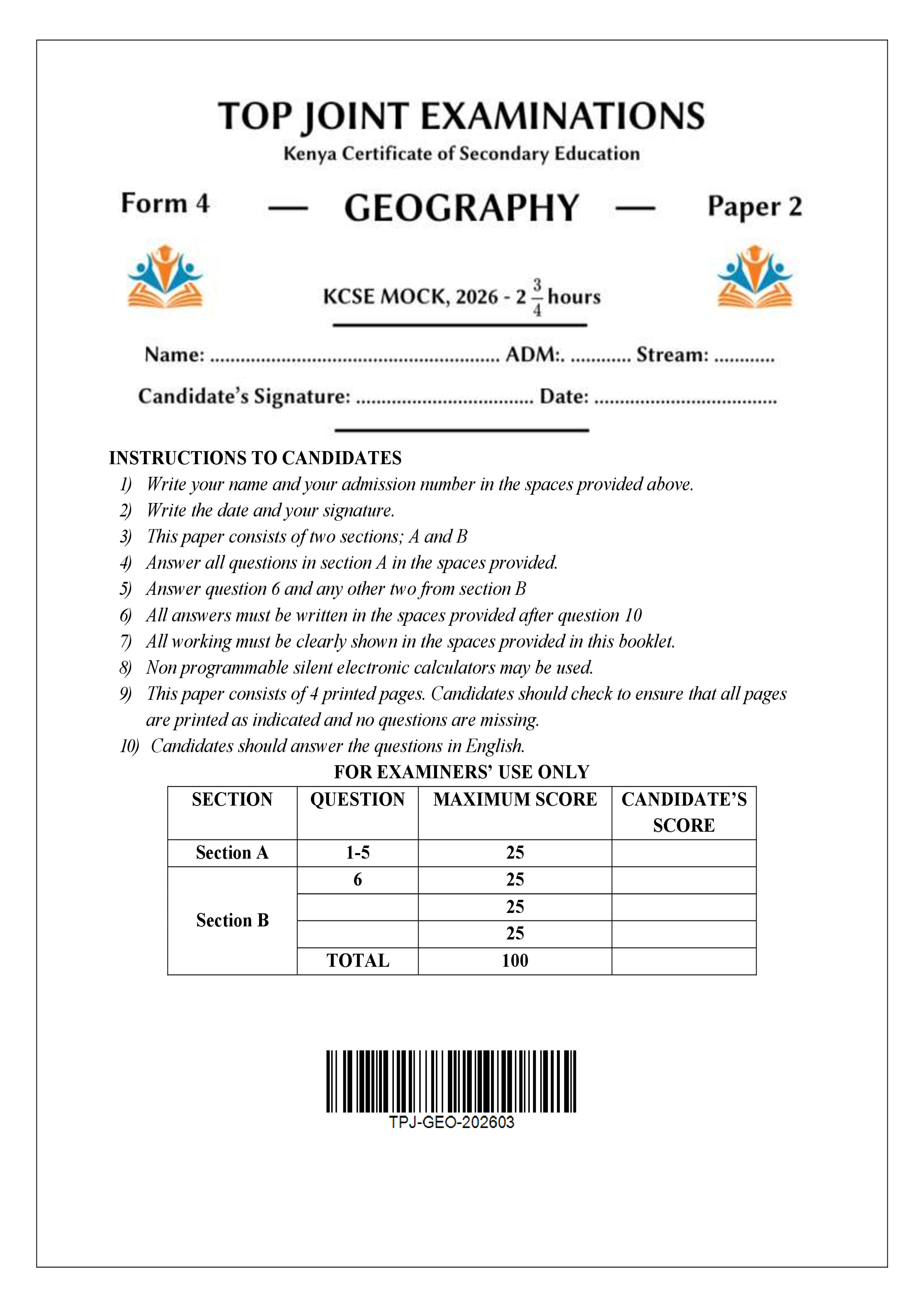 GEOGRAPHY FORM 4 PAPER 2 END TERM 1 2026