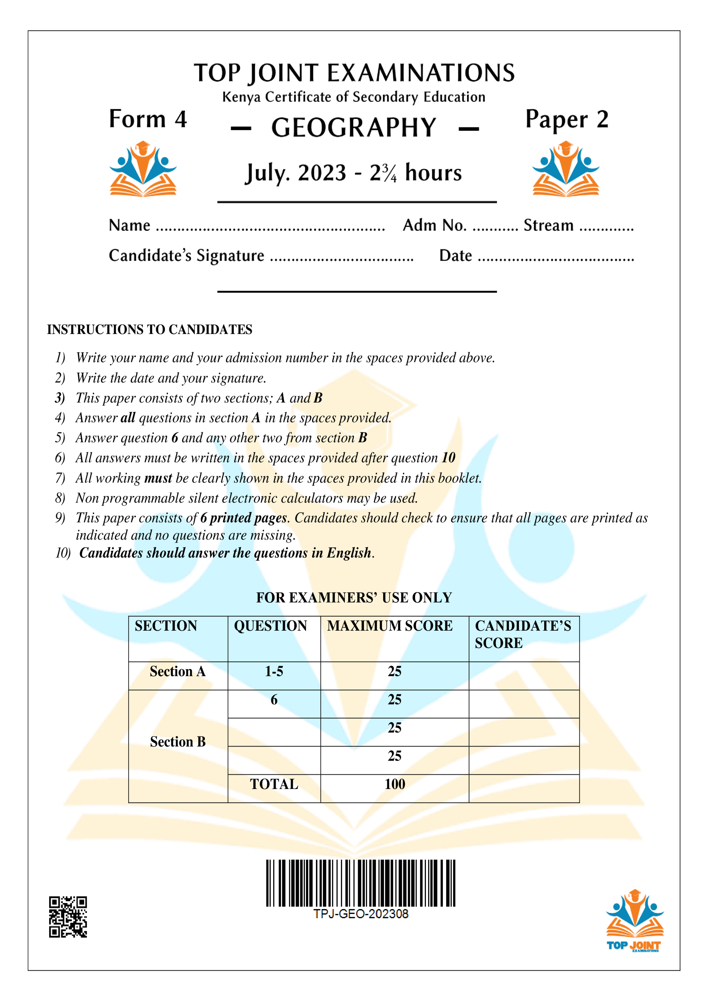 GEOGRAPHY FORM 4 KCSE MOCK PAPER 2 2023