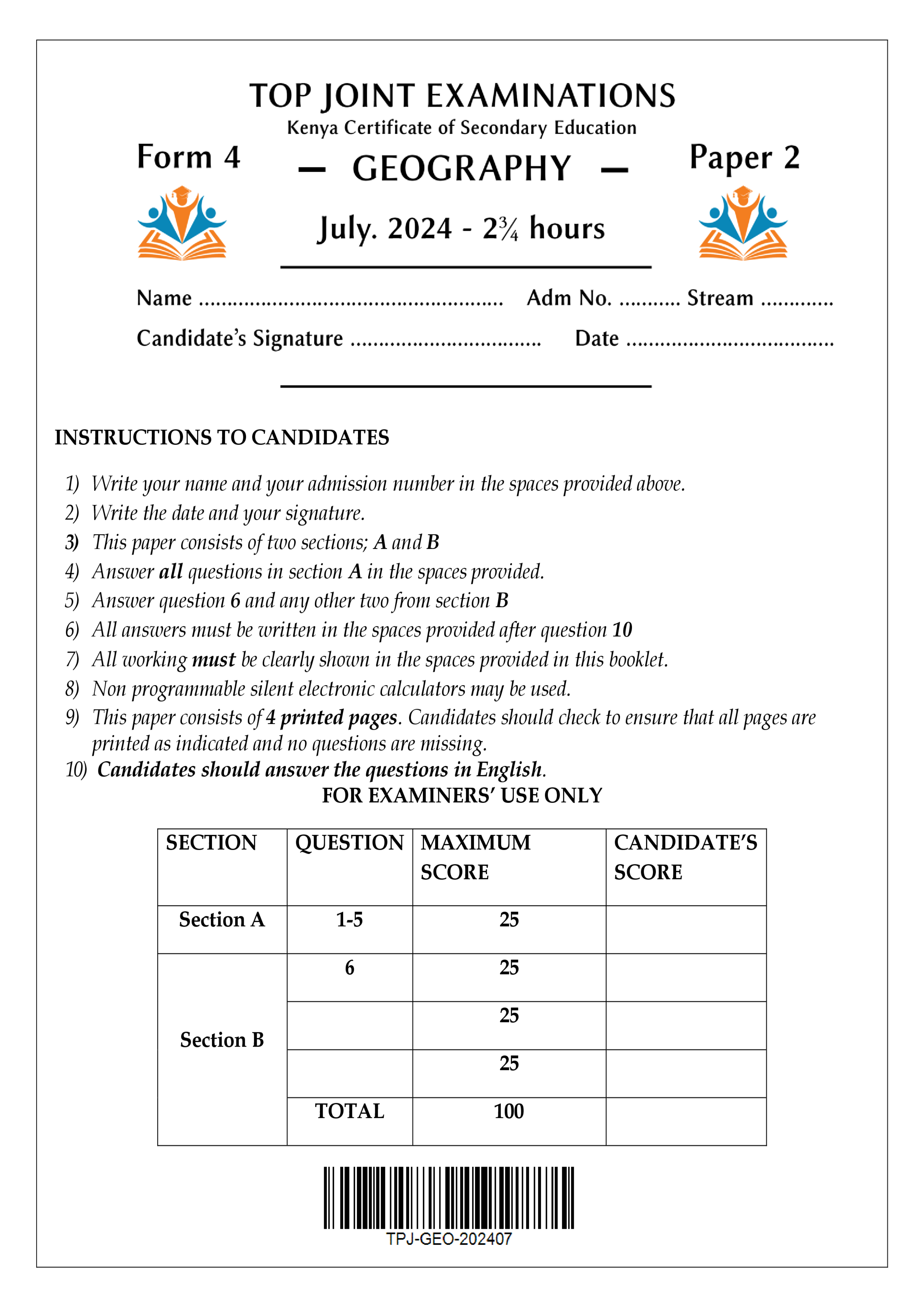 GEOGRAPHY FORM 4 PAPER 2 MOCK EXAM 2024