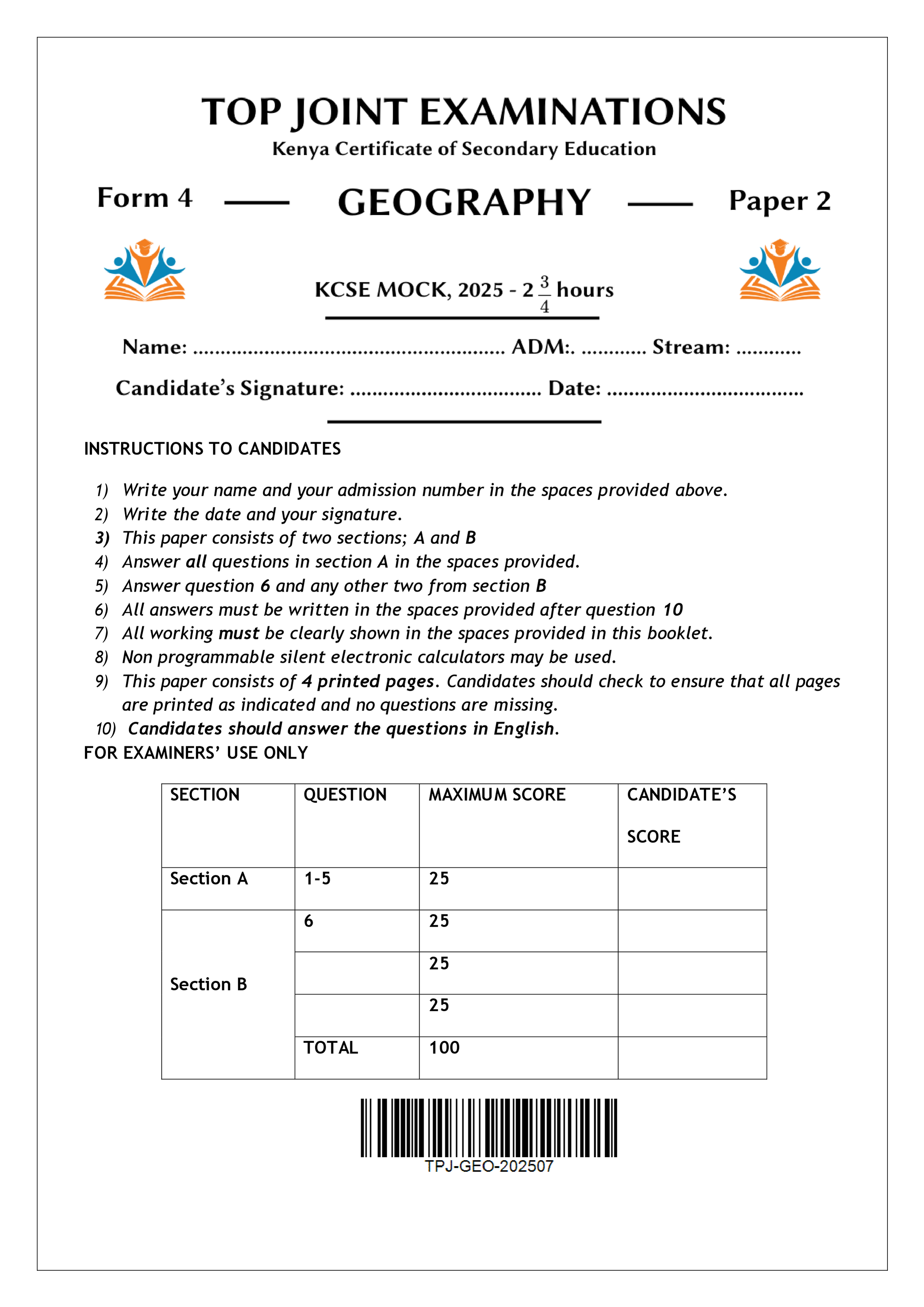 GEOGRAPHY FORM 4 PAPER 2 MOCK 2025