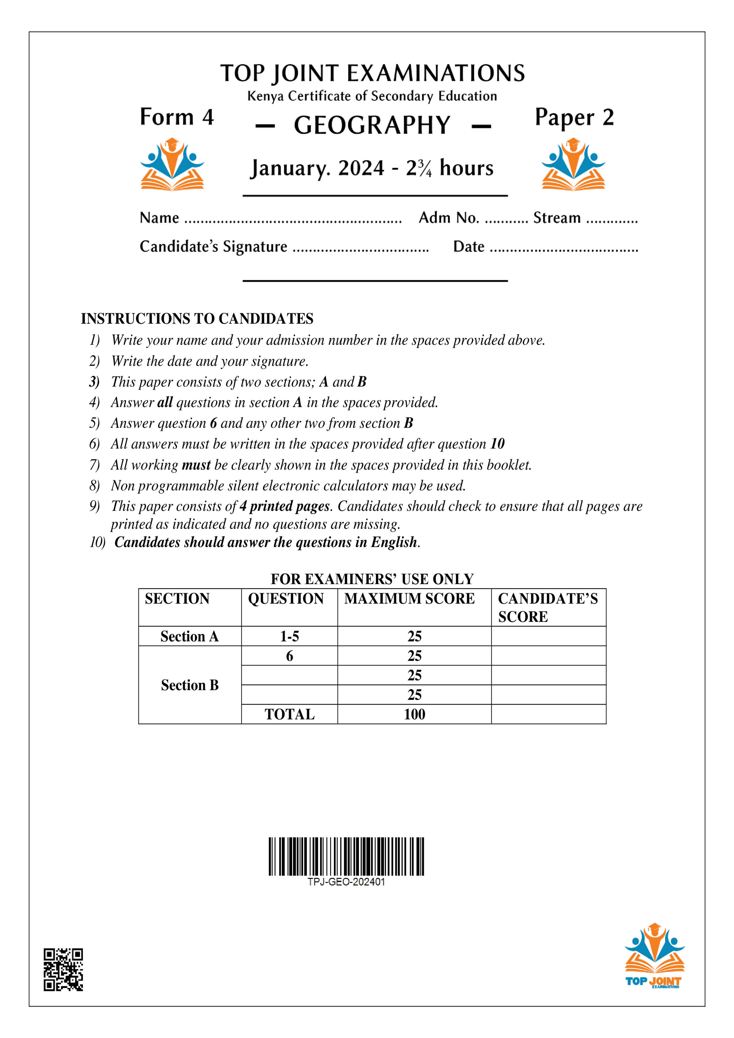 GEOGRAPHY FORM 4 PAPER 2 OPENER TERM 1 2024