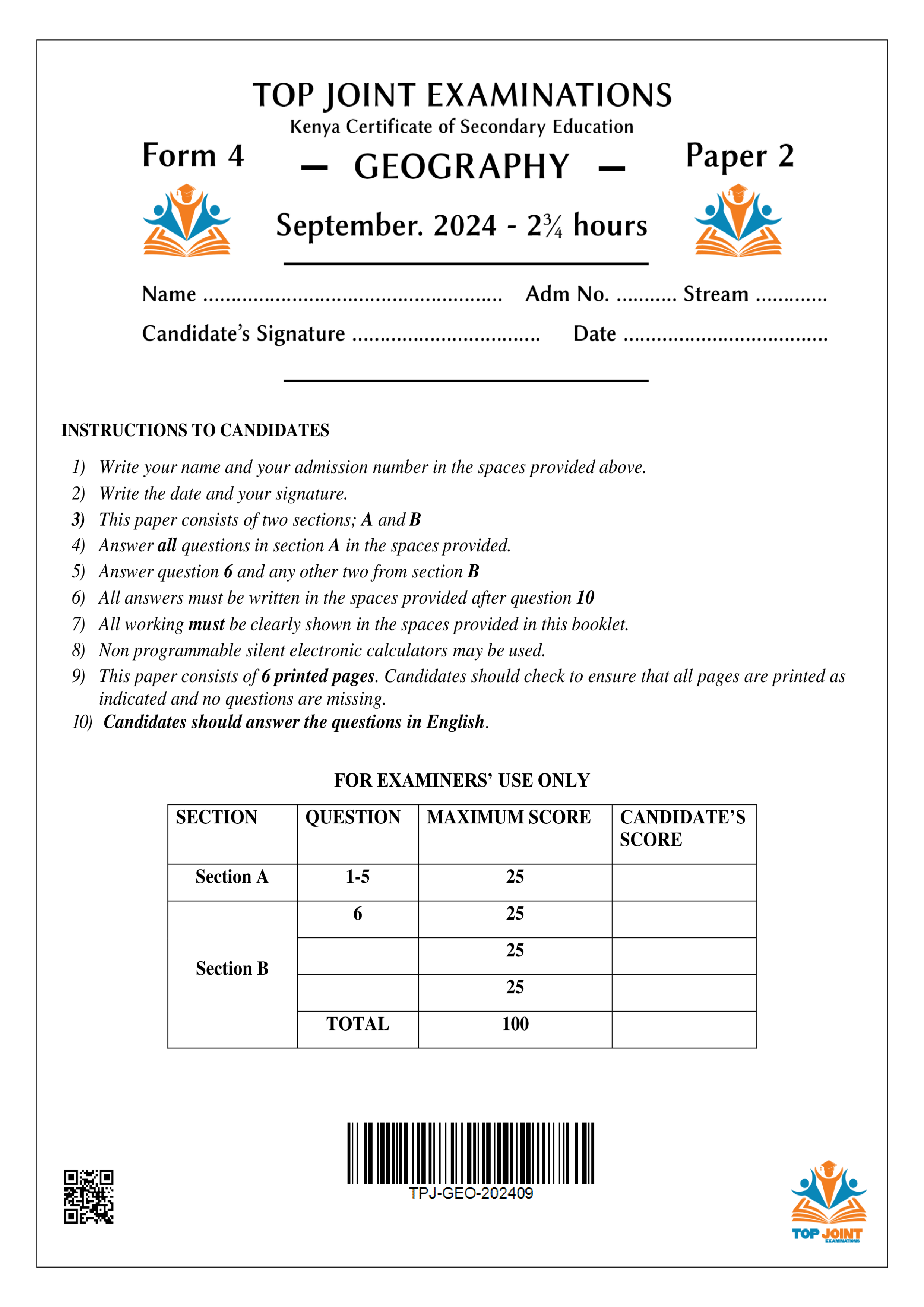GEOGRAPHY FORM 4 PAPER 2 SERIES 1 TERM 3 2024
