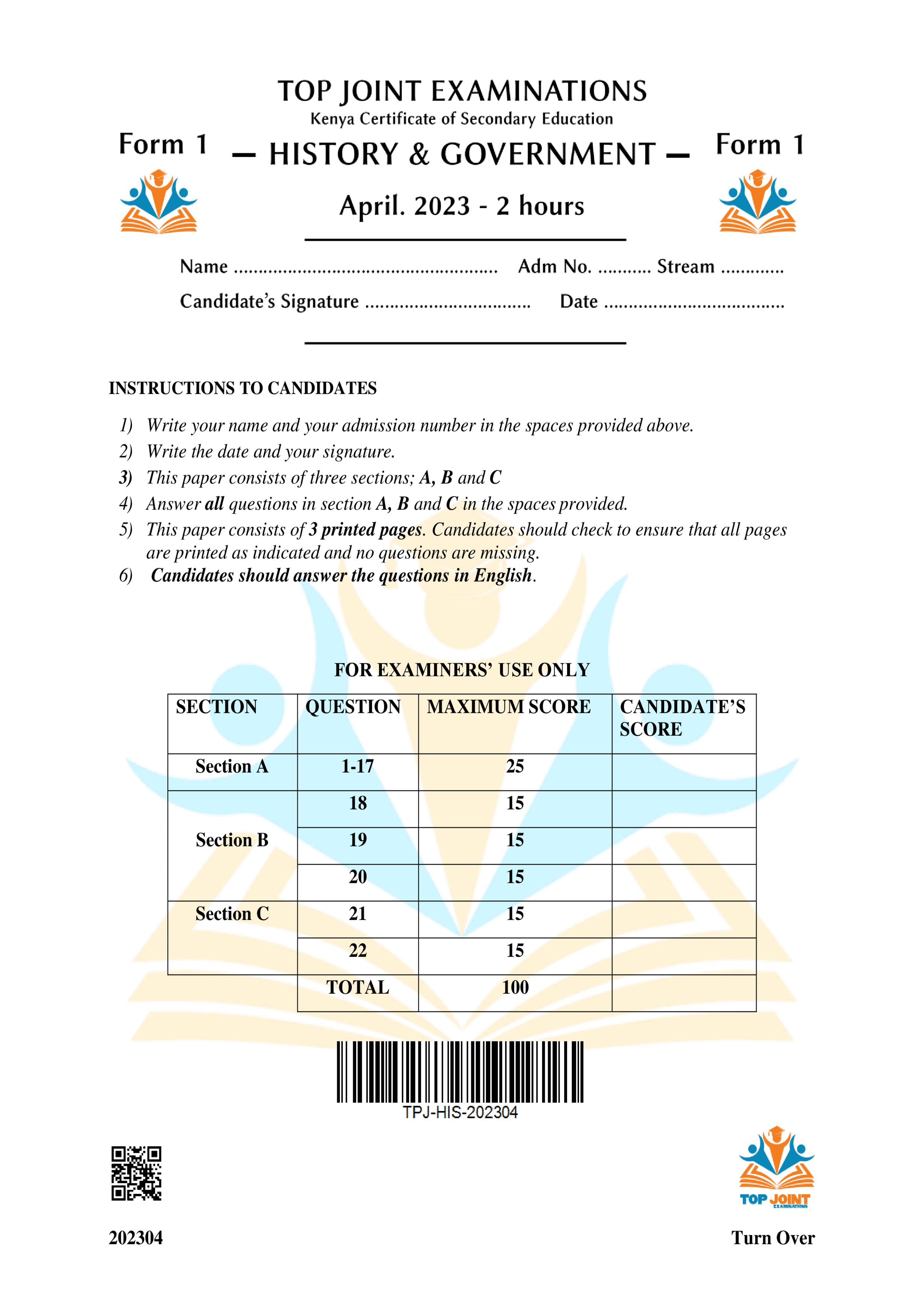 HISTORY & GOVERNMENT FORM 1 END TERM 1 2023