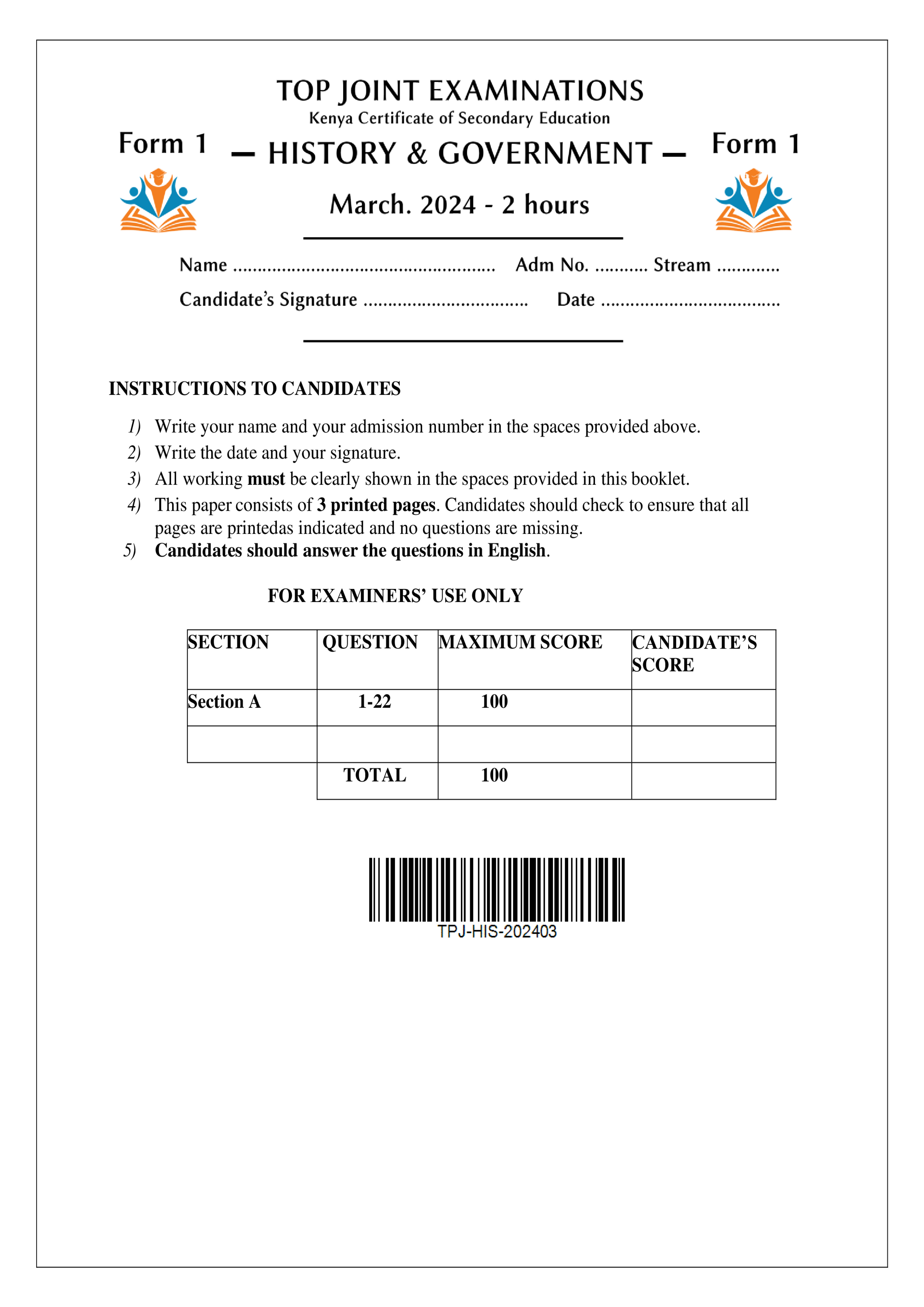 HISTORY AND GOVERNMENT FORM 1 END TERM 1 2024