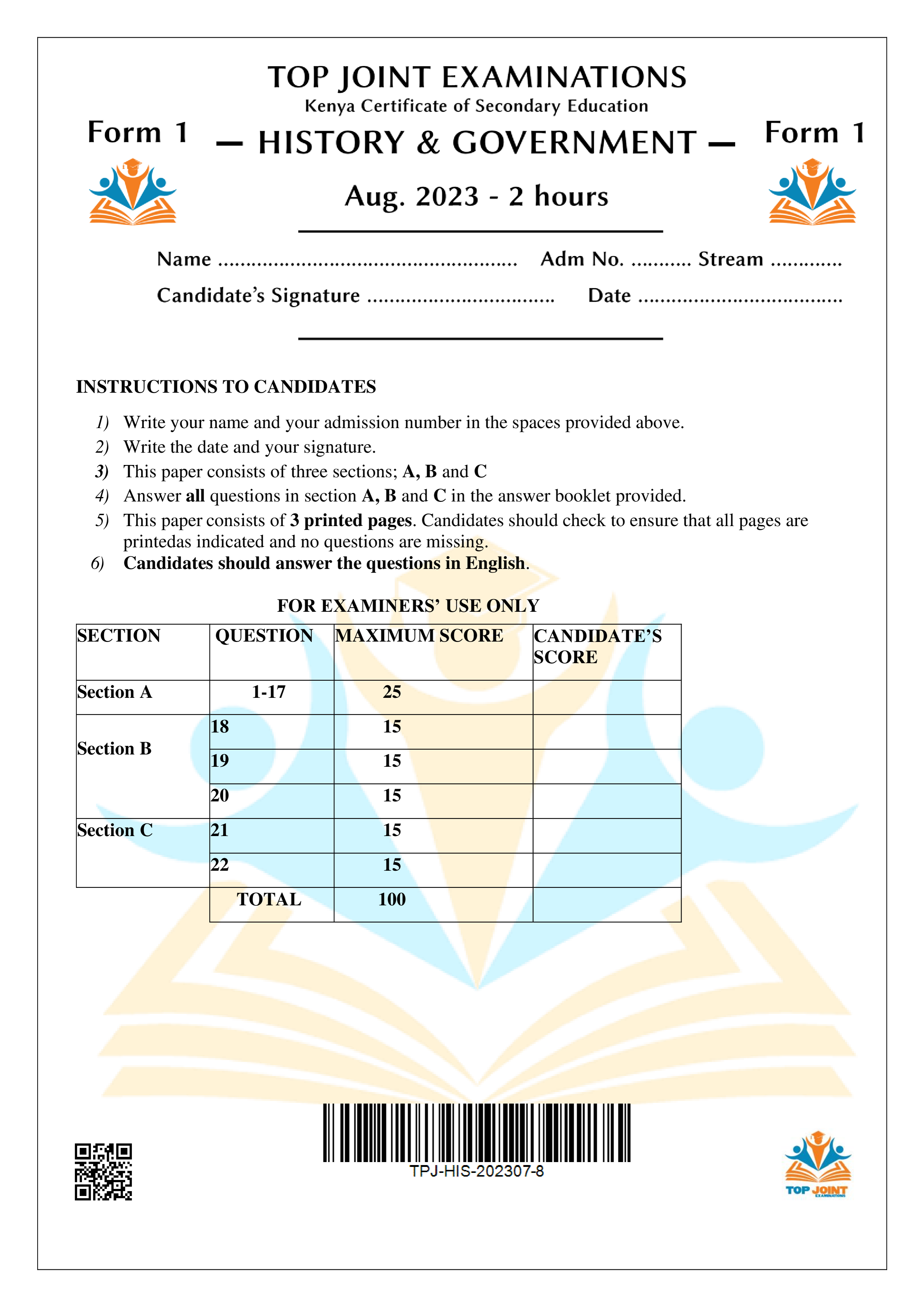 HISTORY AND GOVERNMENT FORM 1 END TERM 2 2023