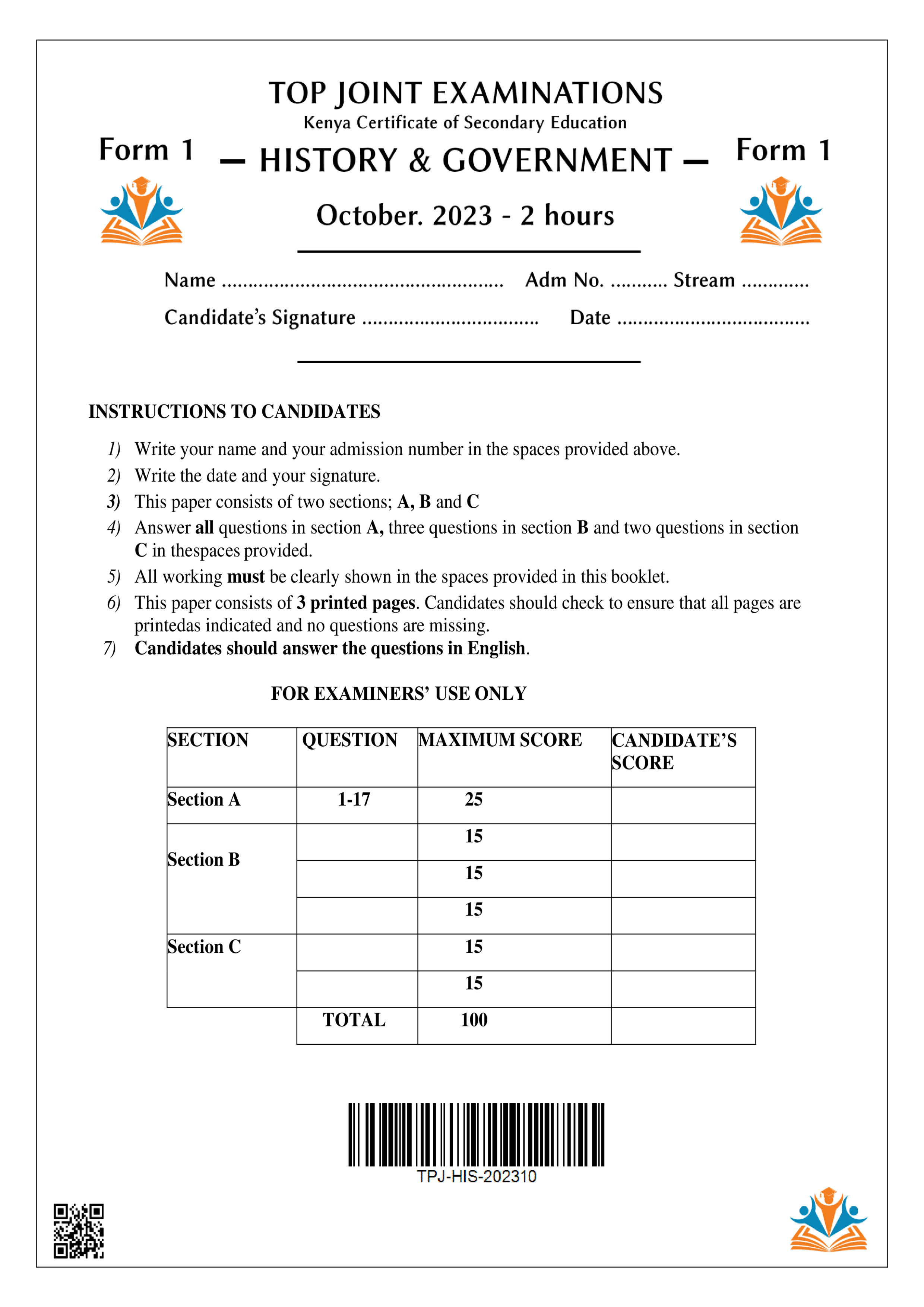 HISTORY & GOVERNMENT FORM 1 END TERM 3 2023