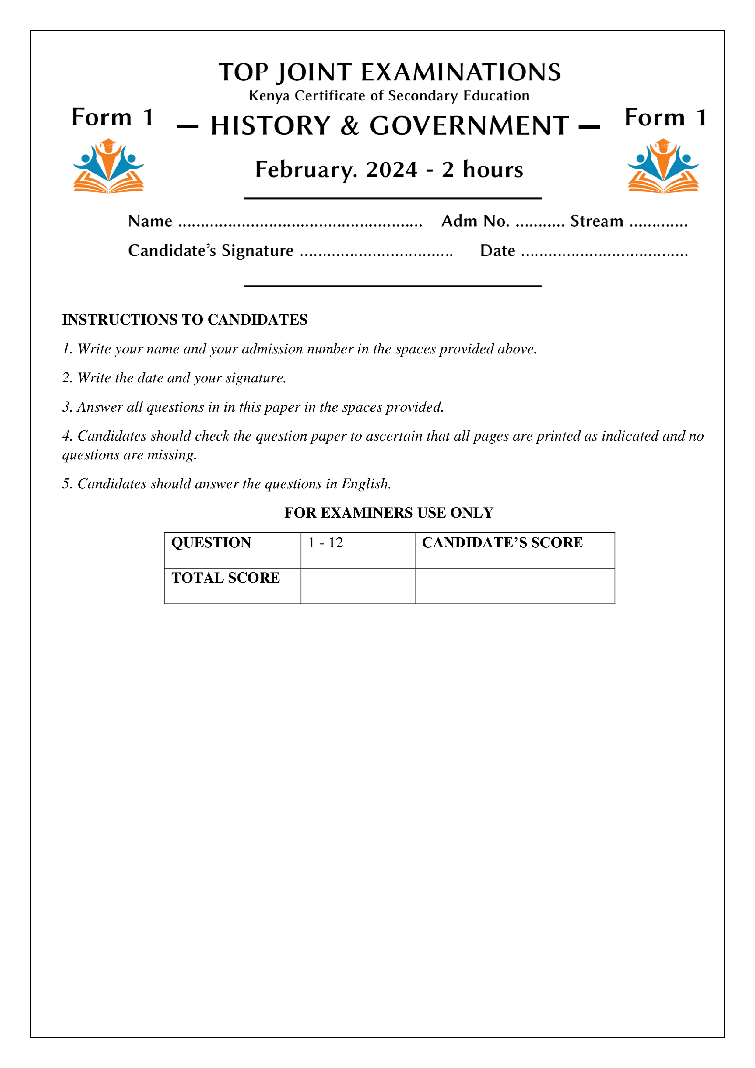 HISTORY AND GOVERNMENT FORM 1 MID TERM 1 2024