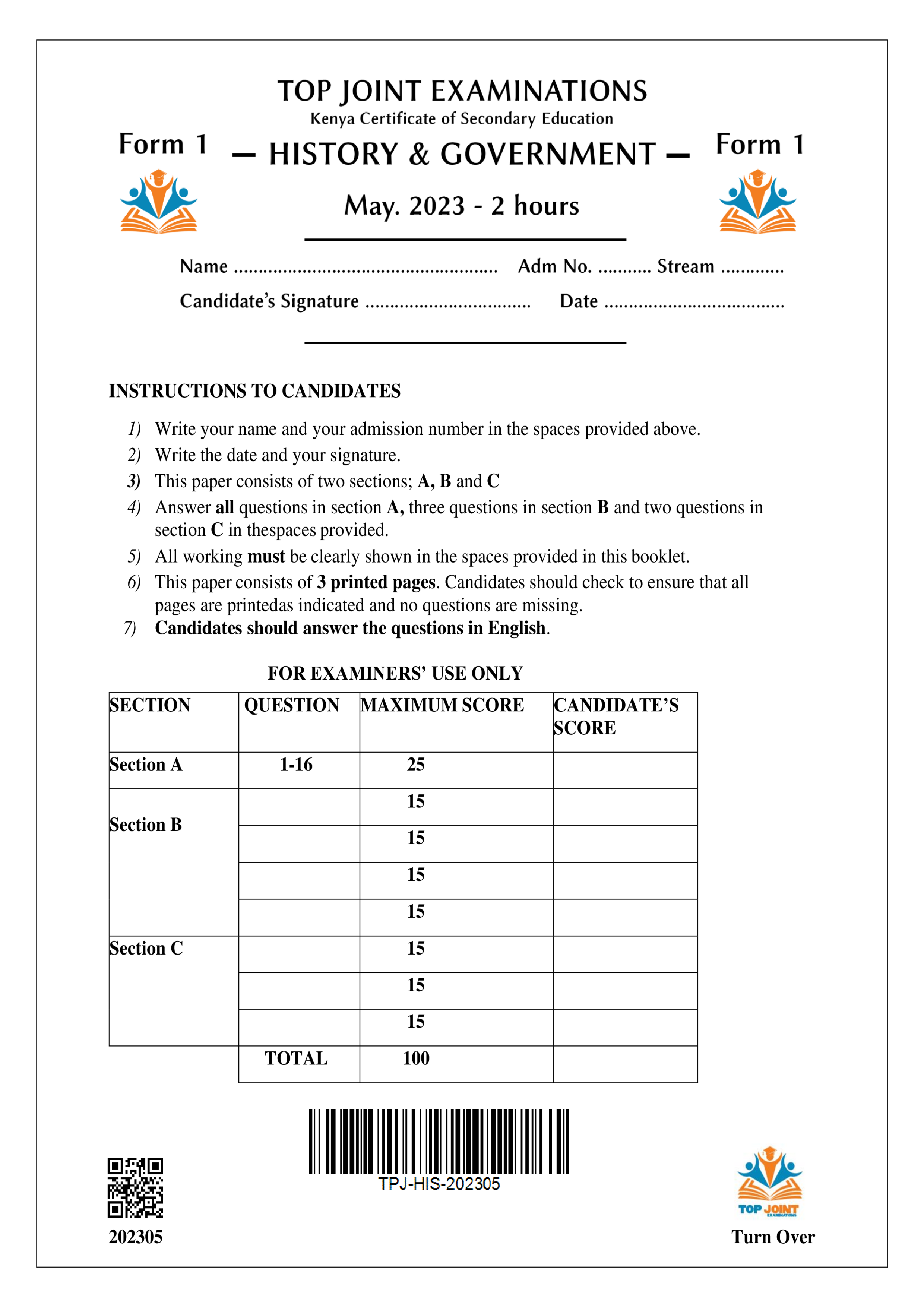 HISTORY & GOVERNMENT FORM 1 OPENER TERM 2 2023