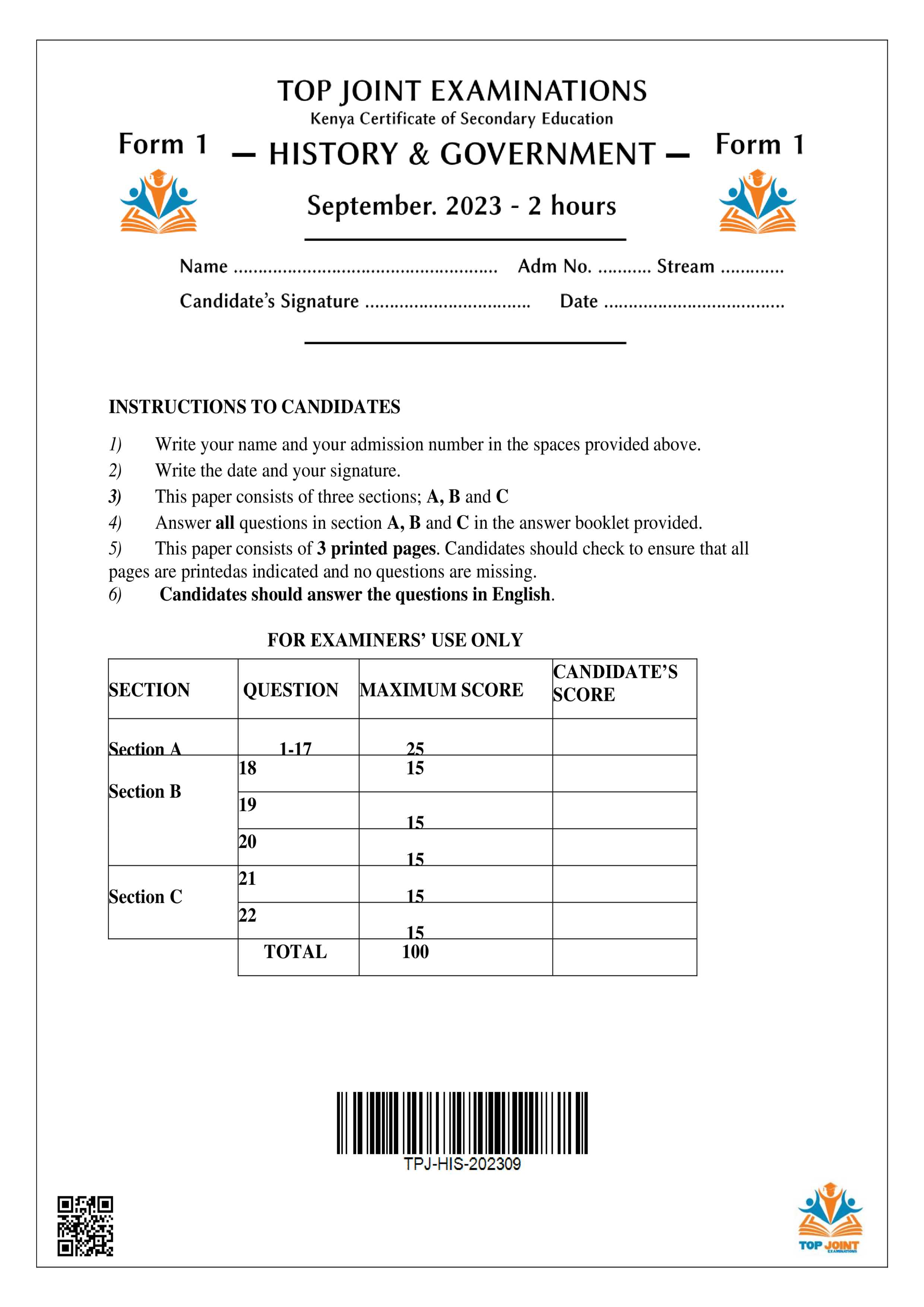 HISTORY AND GOVERNMENT FORM 1 OPENER TERM 3 2023