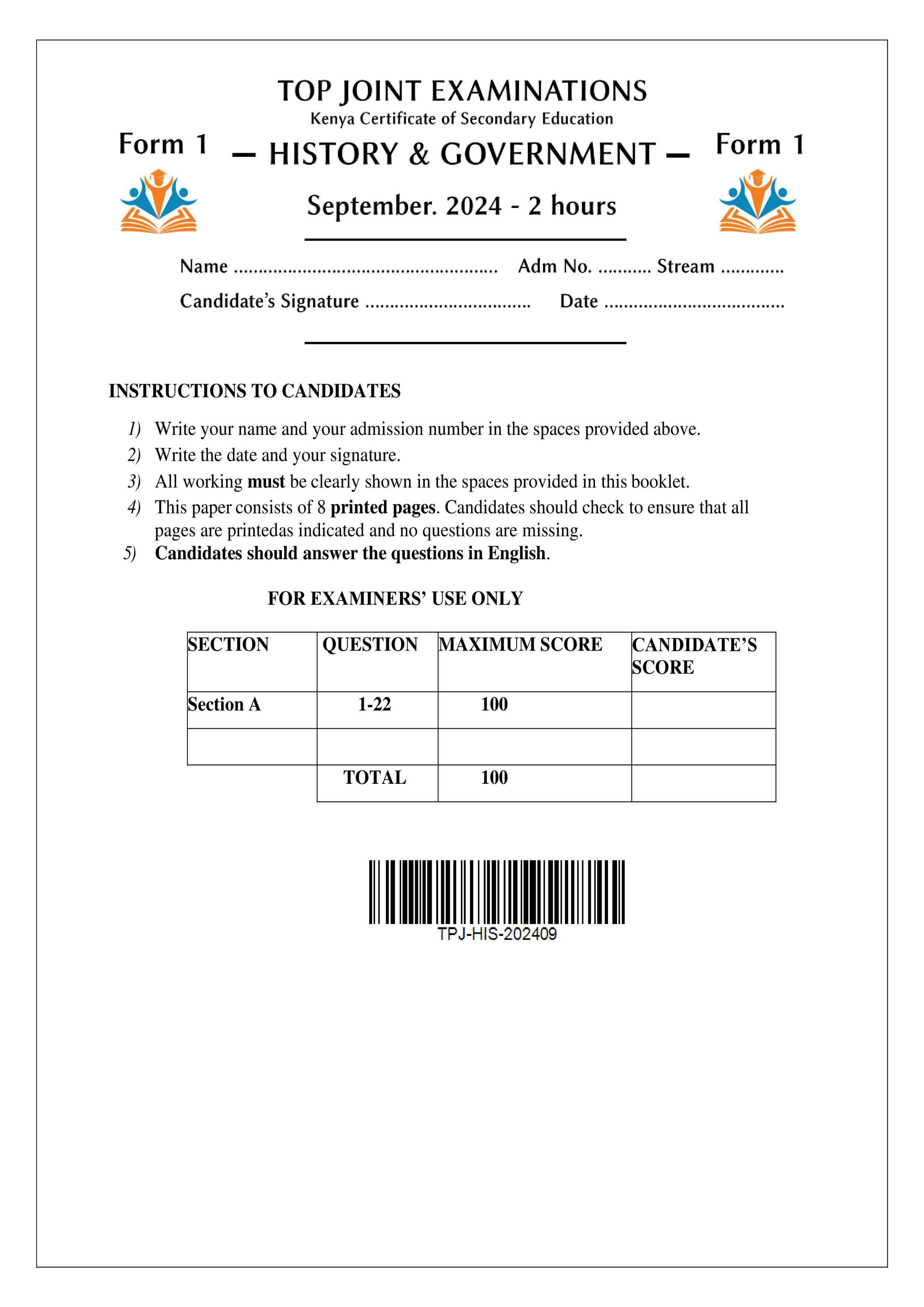 HISTORY AND GOVERNMENT FORM 1 SERIES 1 TERM 3 2024