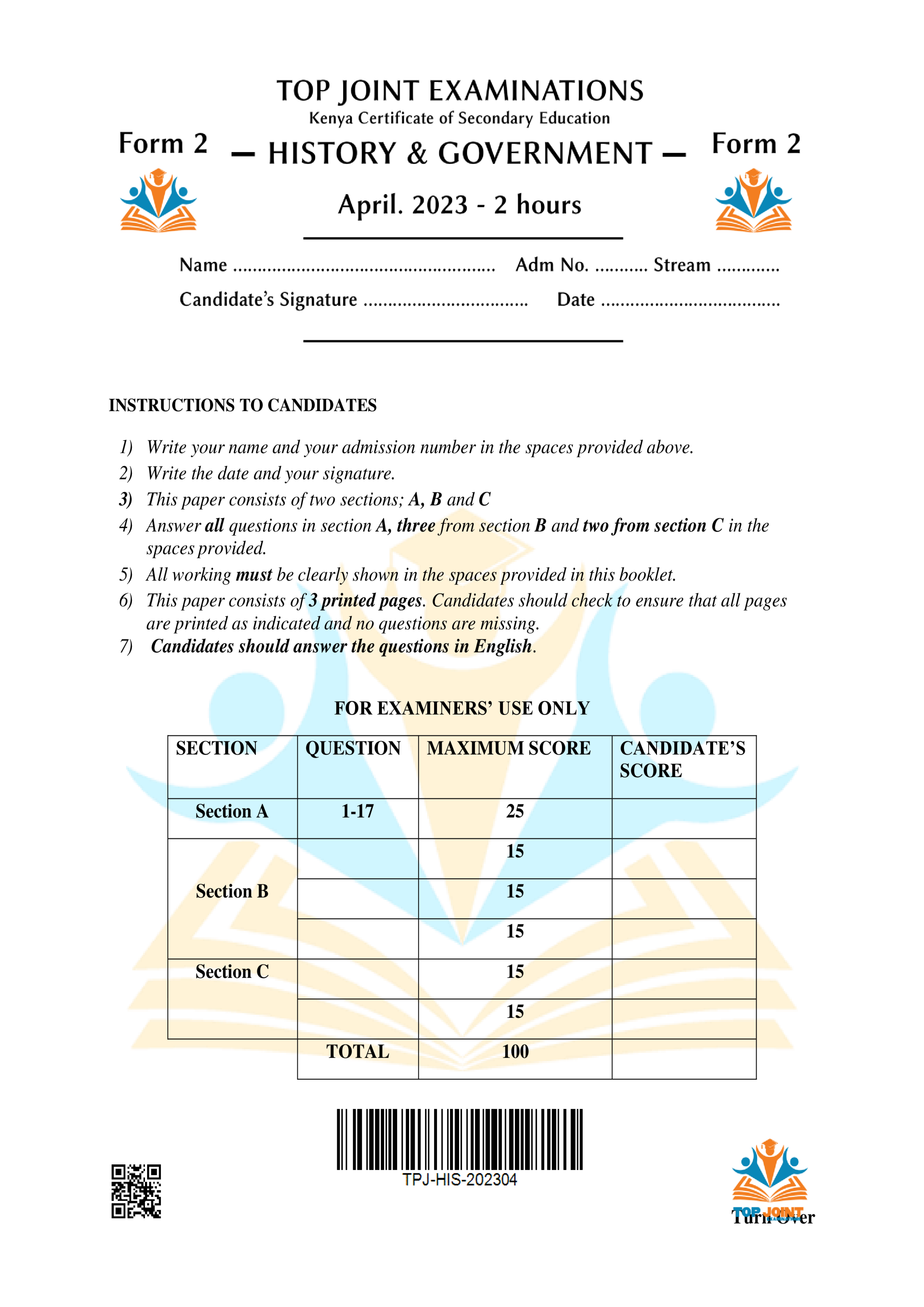 HISTORY & GOVERNMENT FORM 2 END TERM 1 2023