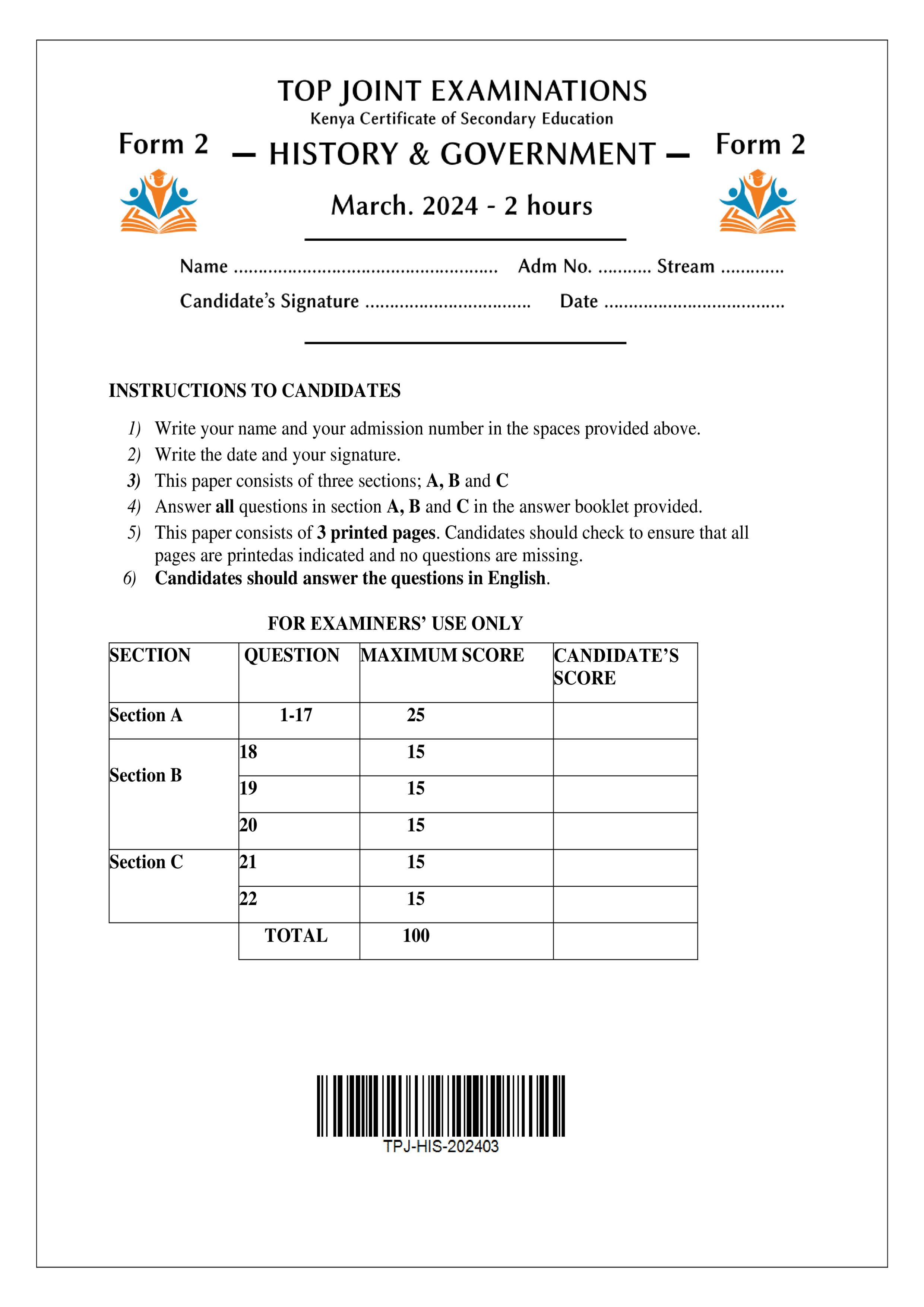 HISTORY AND GOVERNMENT FORM 2 END TERM 1 2024