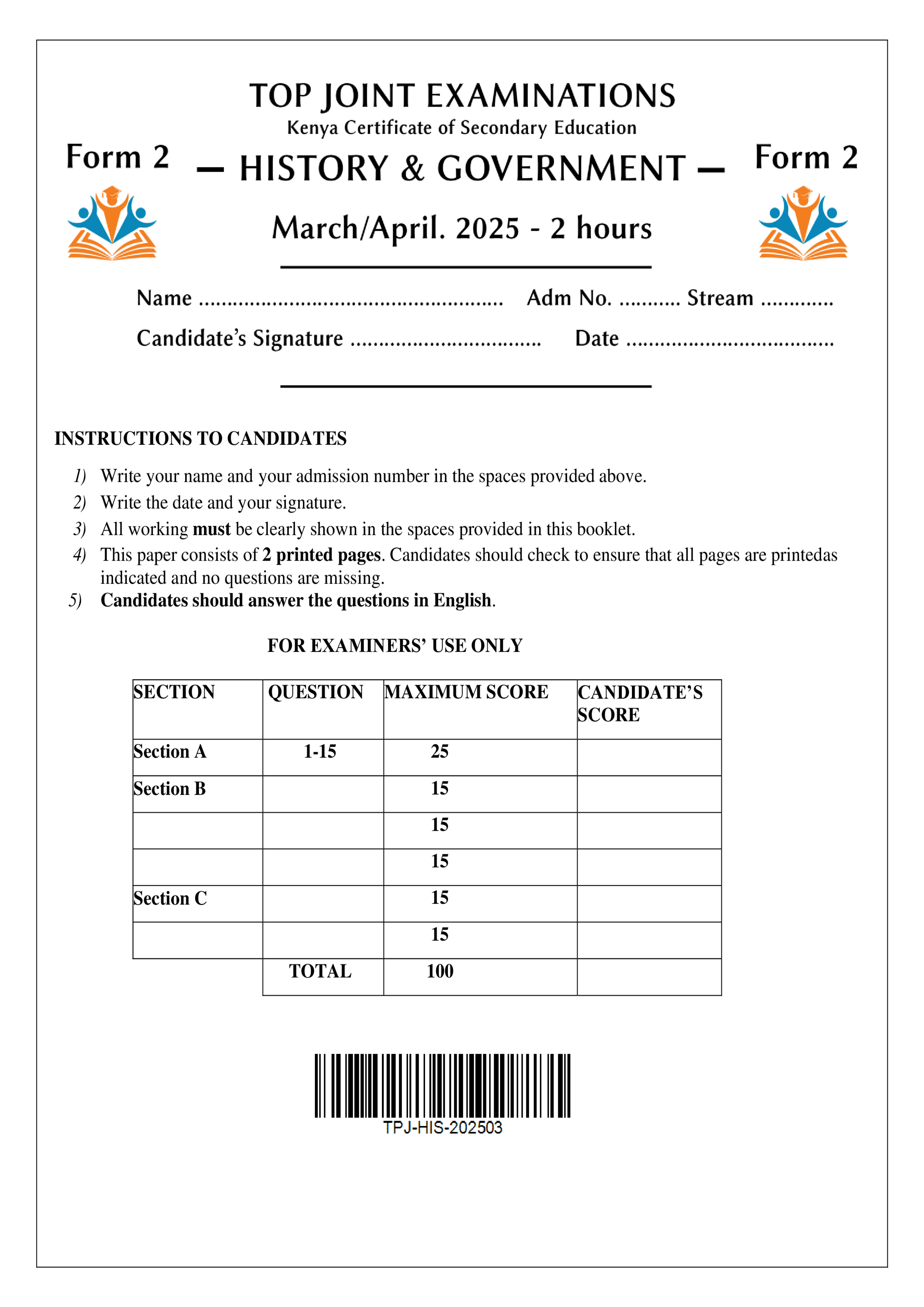 HISTORY AND GOVERNMENT FORM 2 END TERM 1 2025